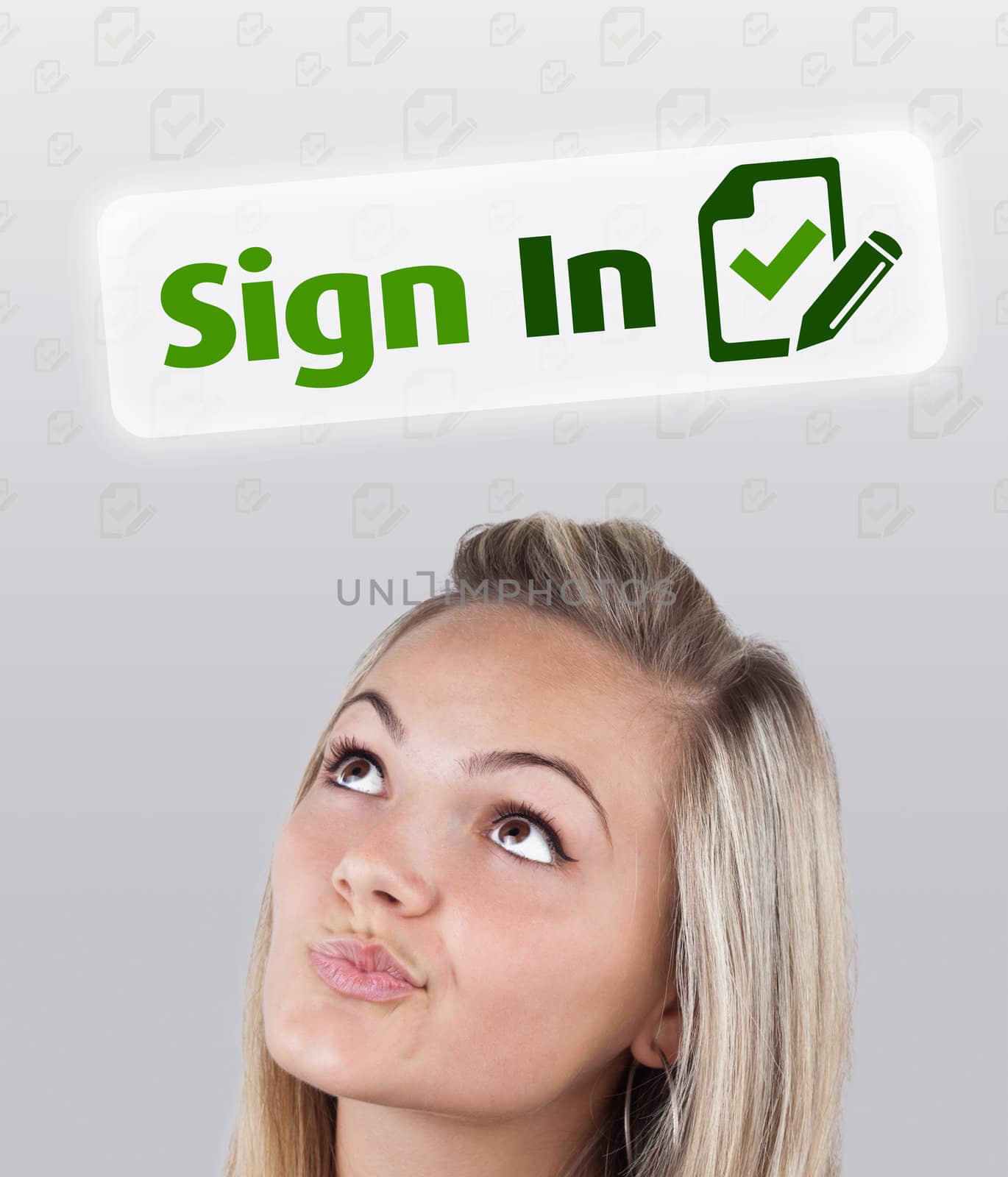 Young gril head looking with gesture at internet type of icons