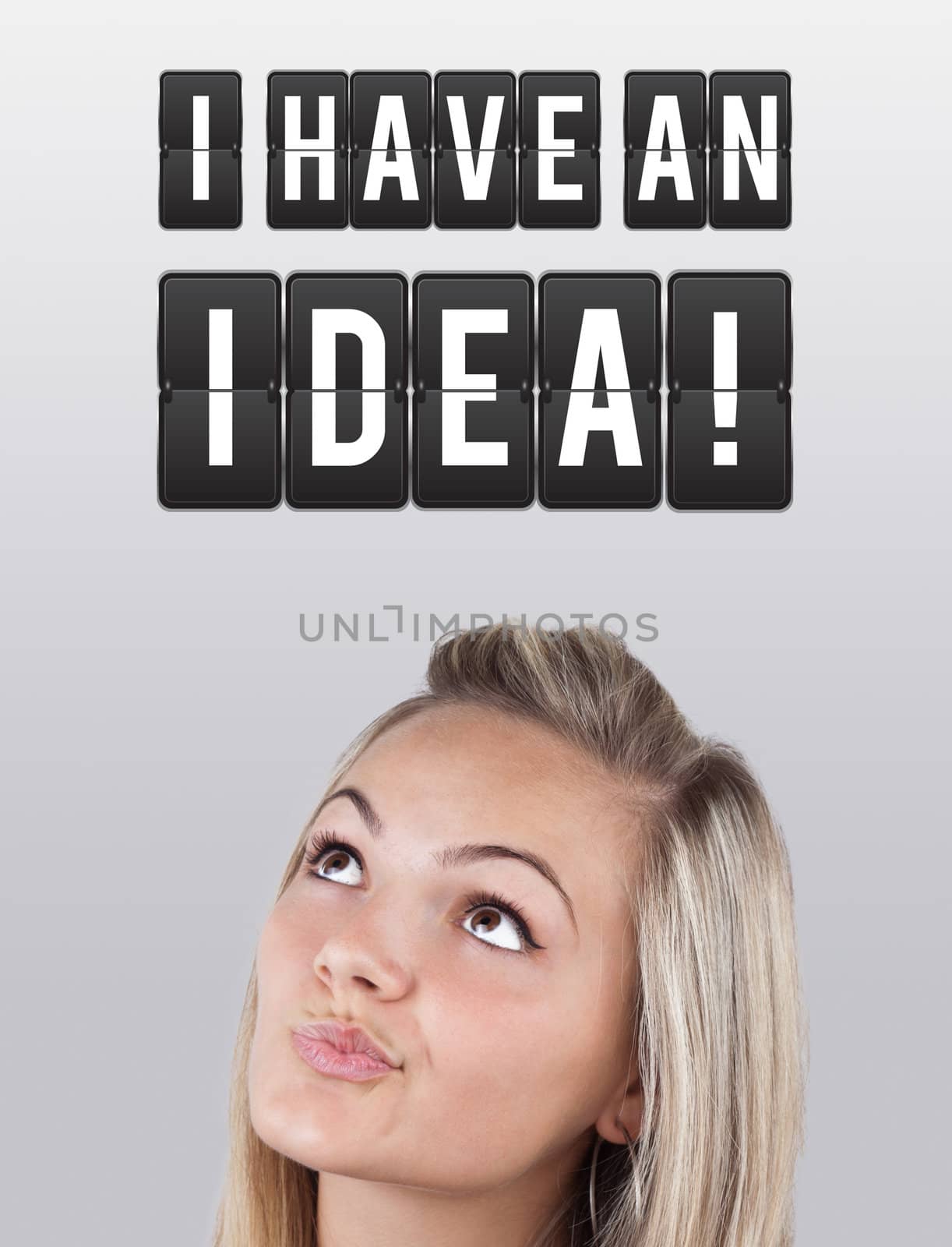 Young girl head looking with gesture at idea type of sign