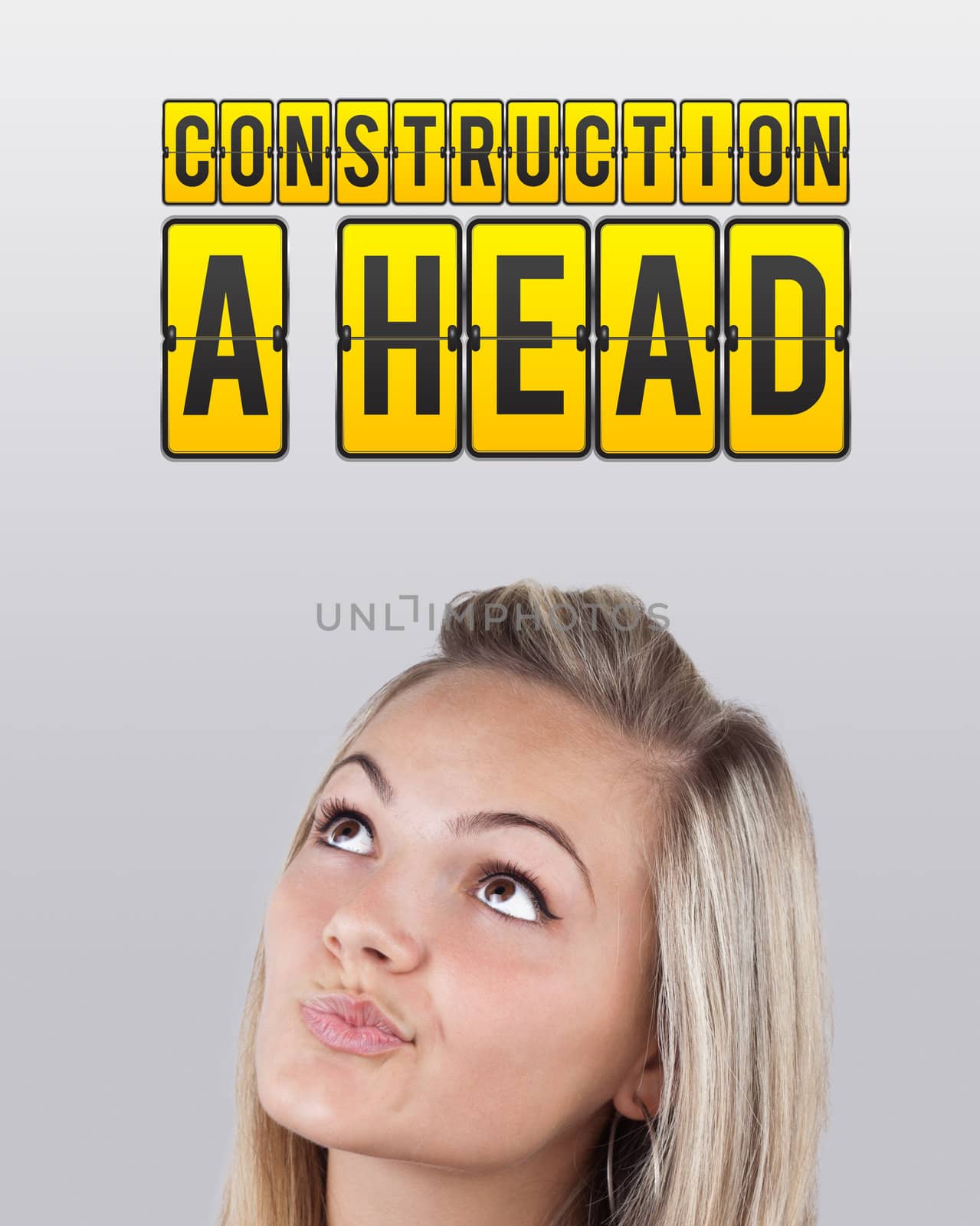 Young girl head looking with gesture at idea type of sign