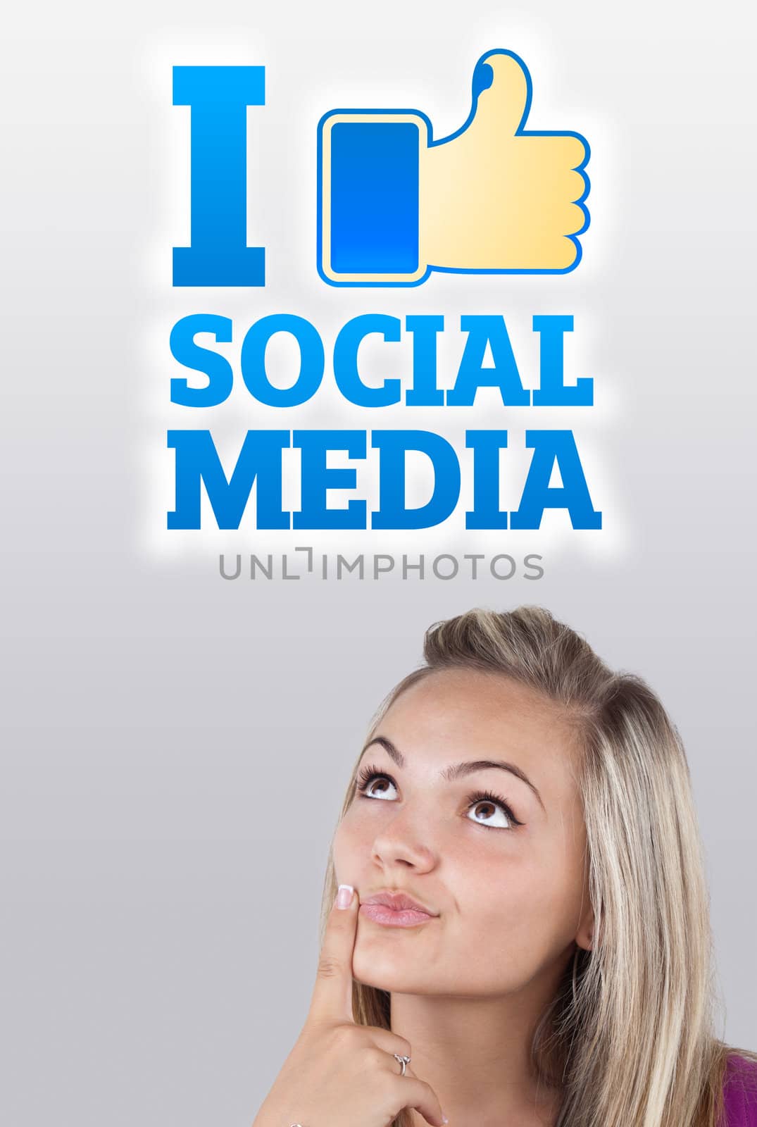 Young girl head looking with gesture at social type of icons and signs