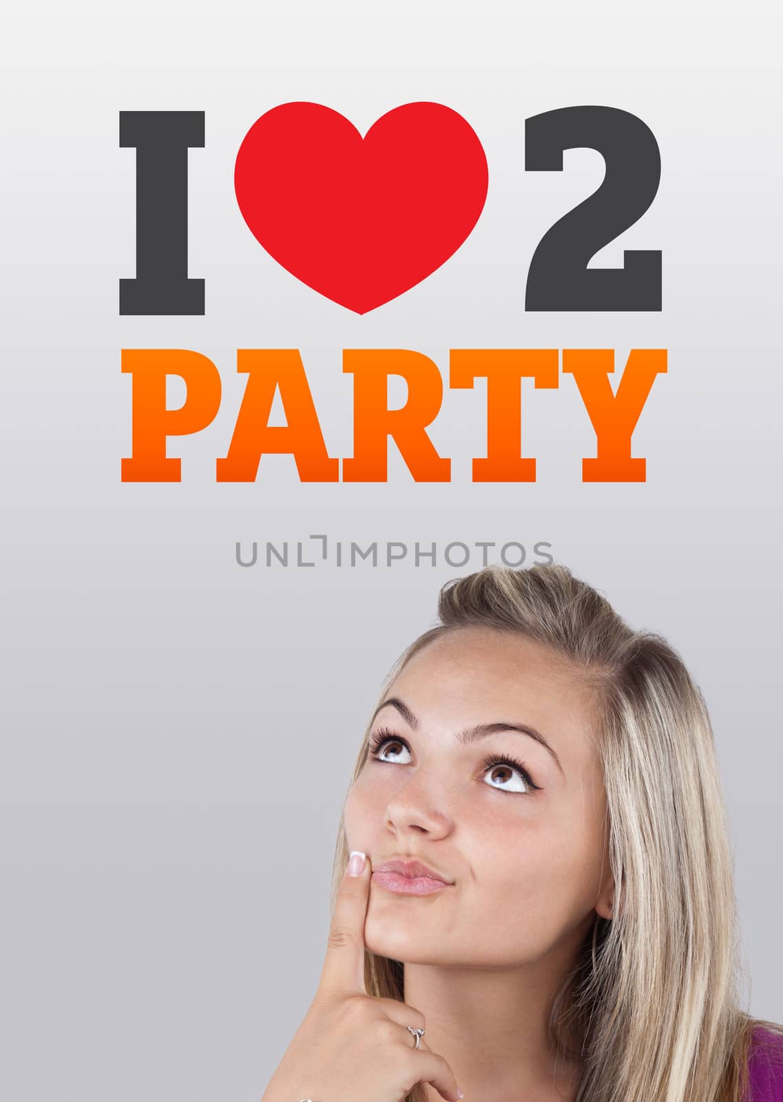 Young girl head looking with gesture at party icons and sign