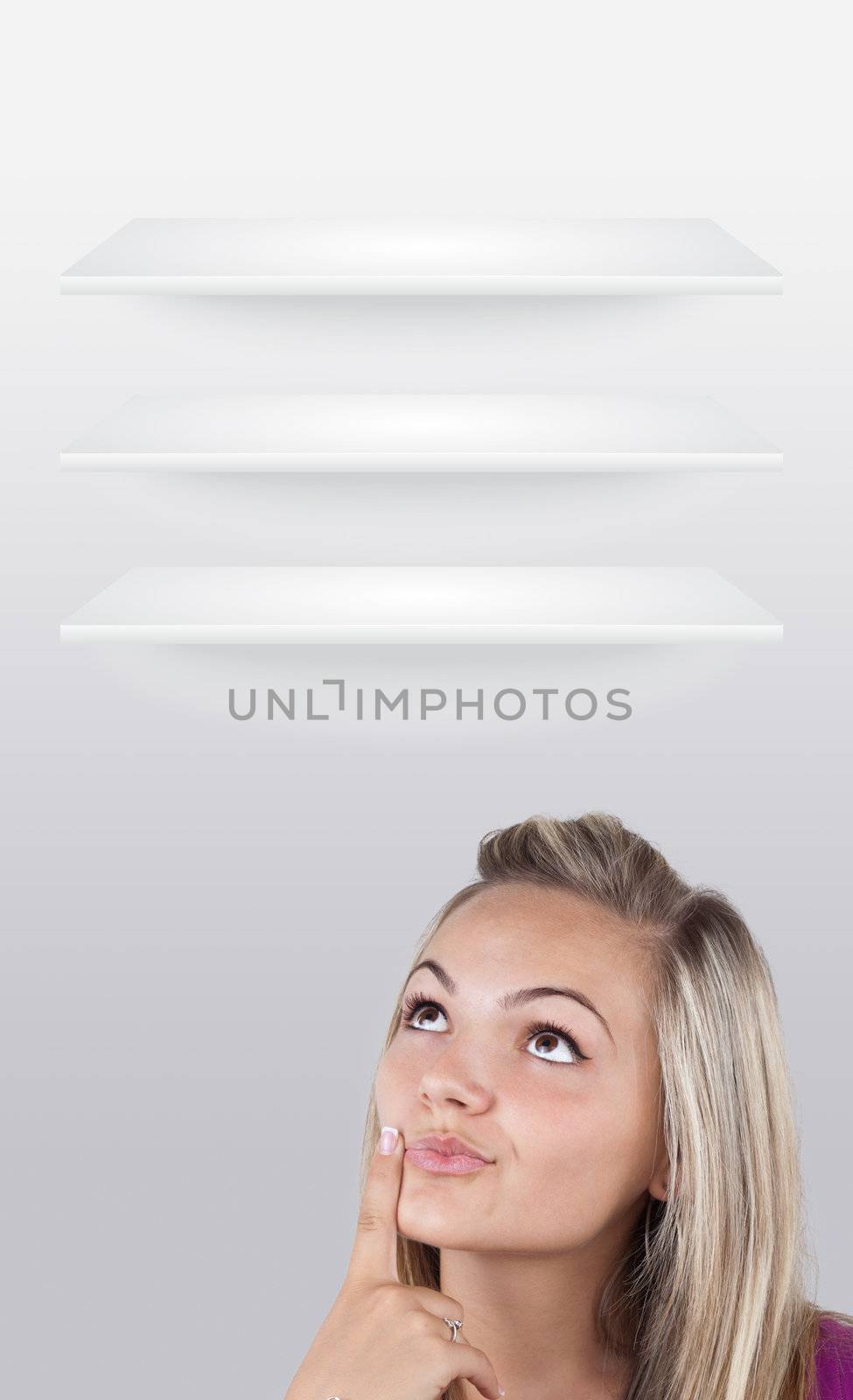 Young girl head looking at white copyspace