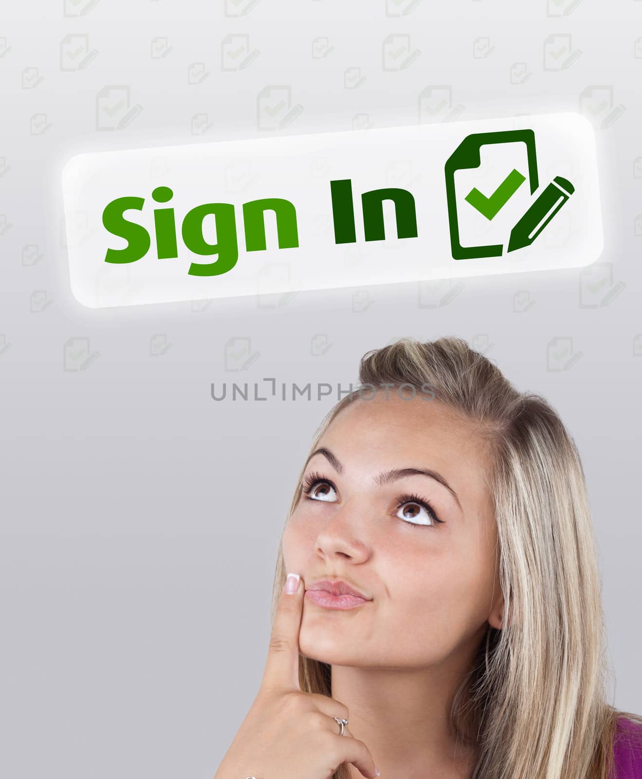 Young gril head looking with gesture at internet type of icons