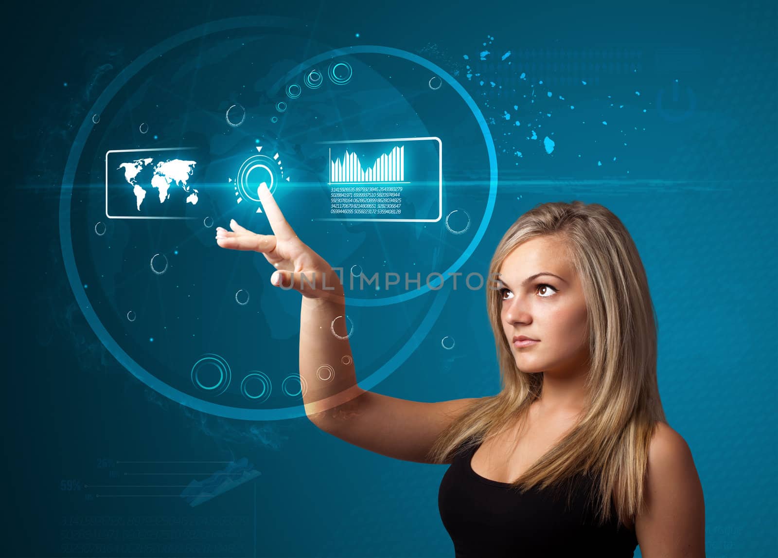 Businesswoman pressing high tech type of modern buttons on a virtual background