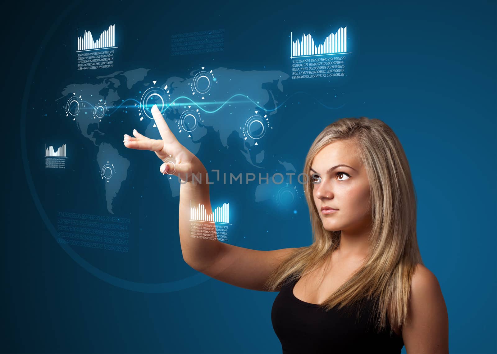 Businesswoman pressing high tech type of modern buttons on a virtual background