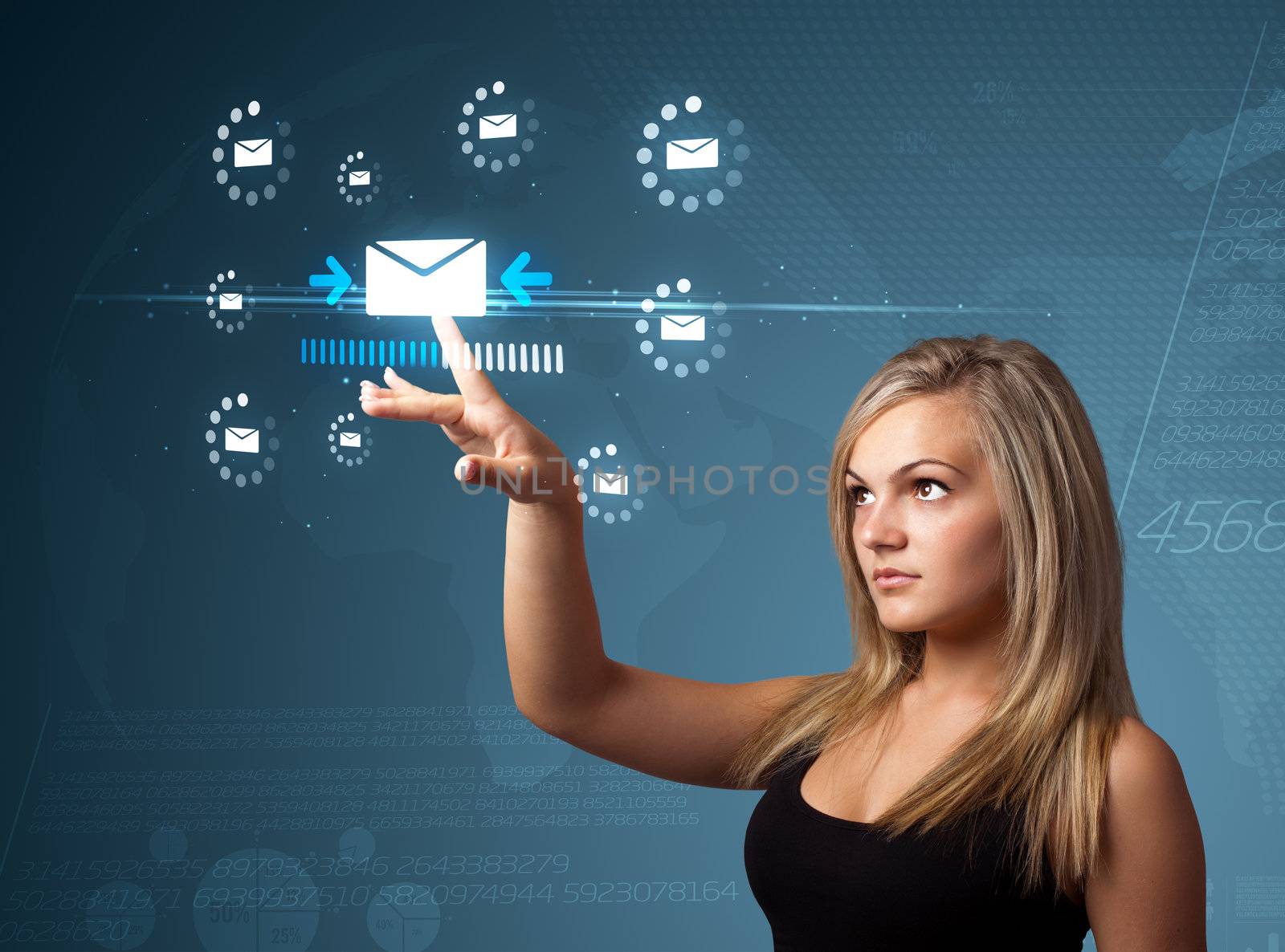 Businesswoman pressing messaging type of modern icons with virtual background