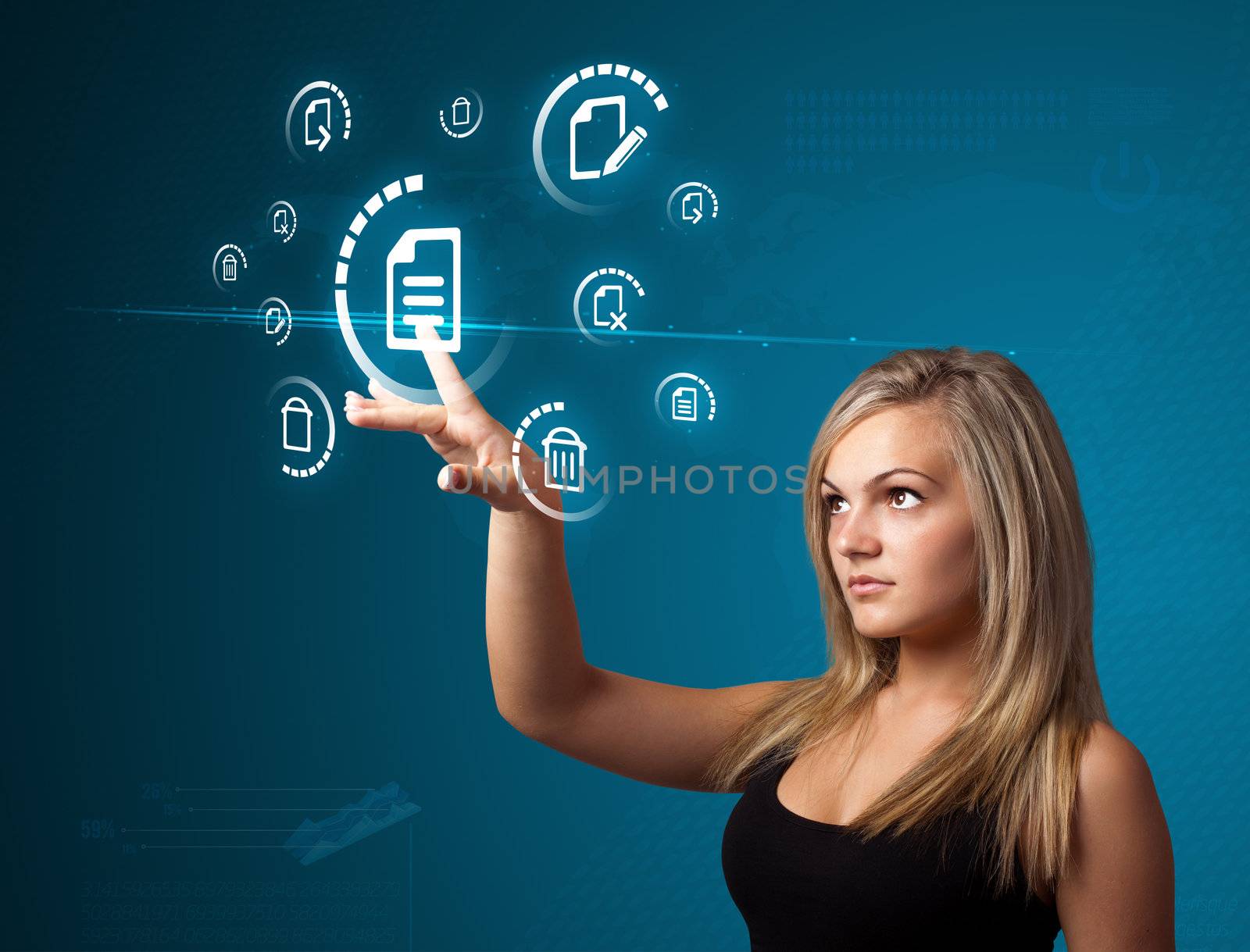 Businesswoman pressing messaging type of modern icons with virtual background