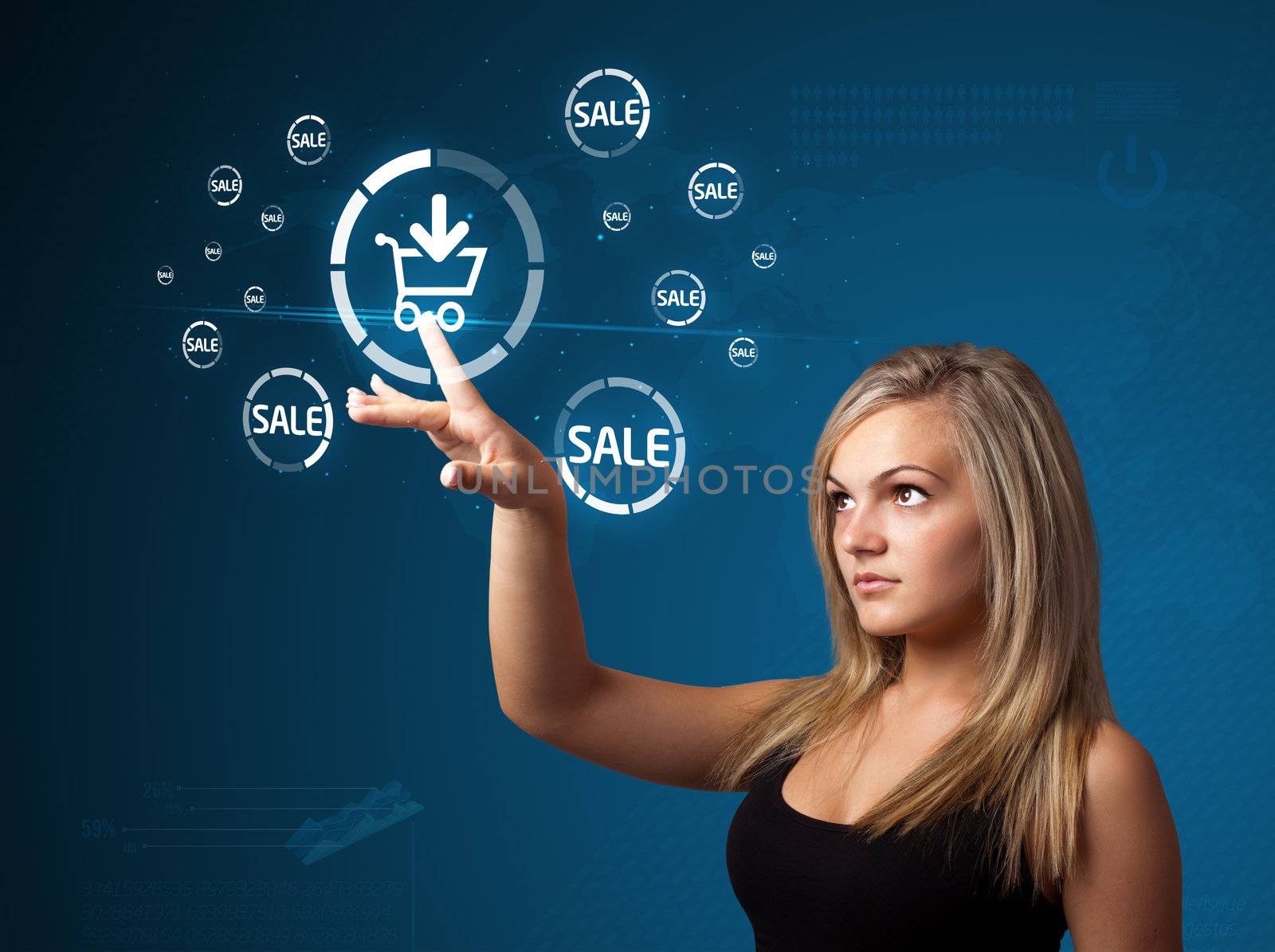 Businesswoman pressing virtual promotion and shipping type of ic by ra2studio