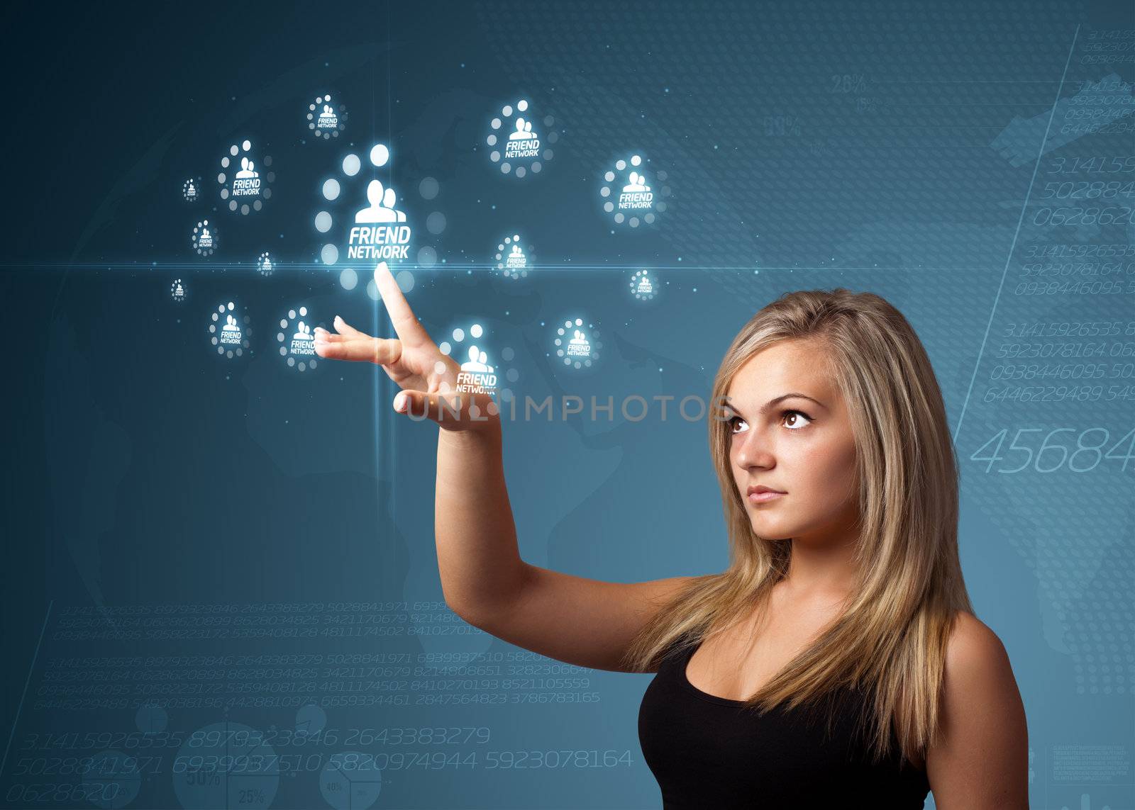 Businesswoman pressing modern social buttons on a virtual background