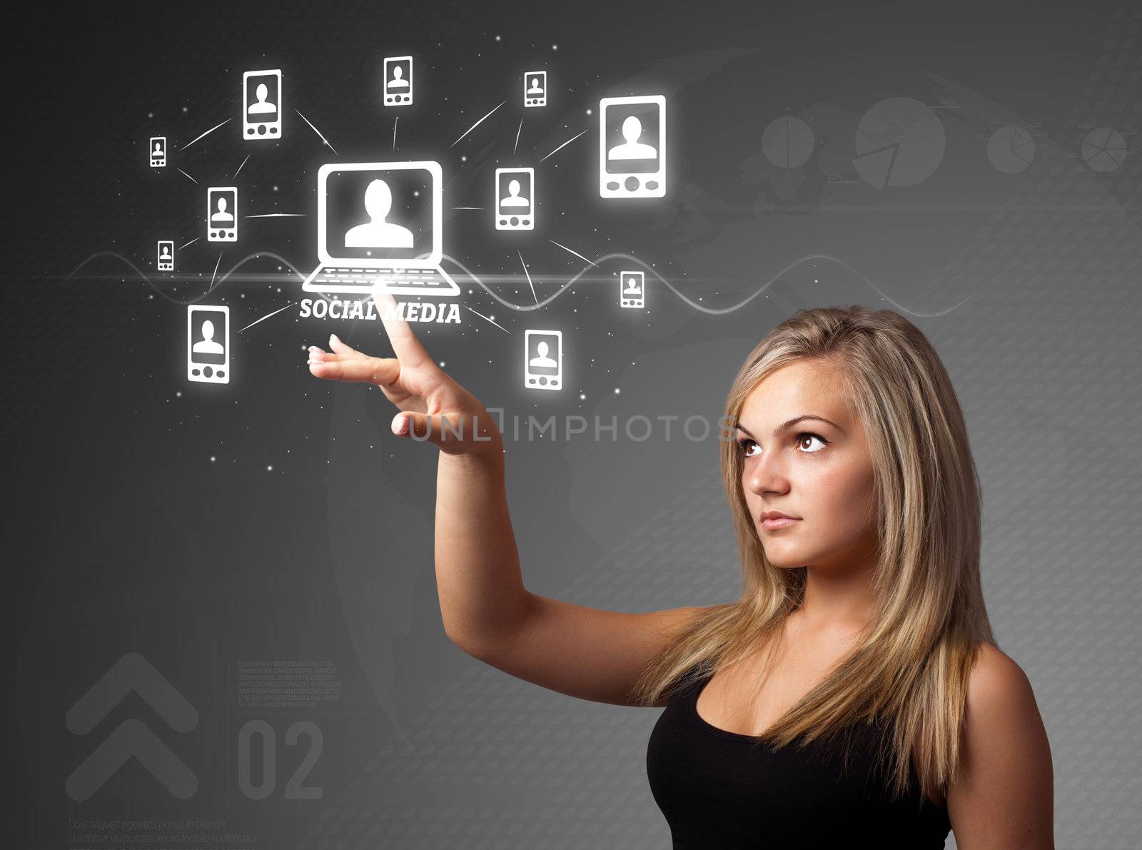 Businesswoman pressing modern social buttons on a virtual background