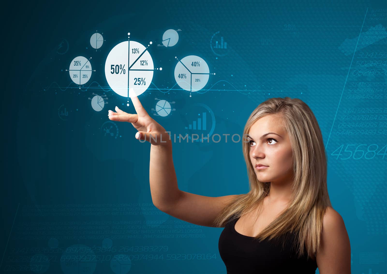 Businesswoman pressing business type of modern buttons with virtual background