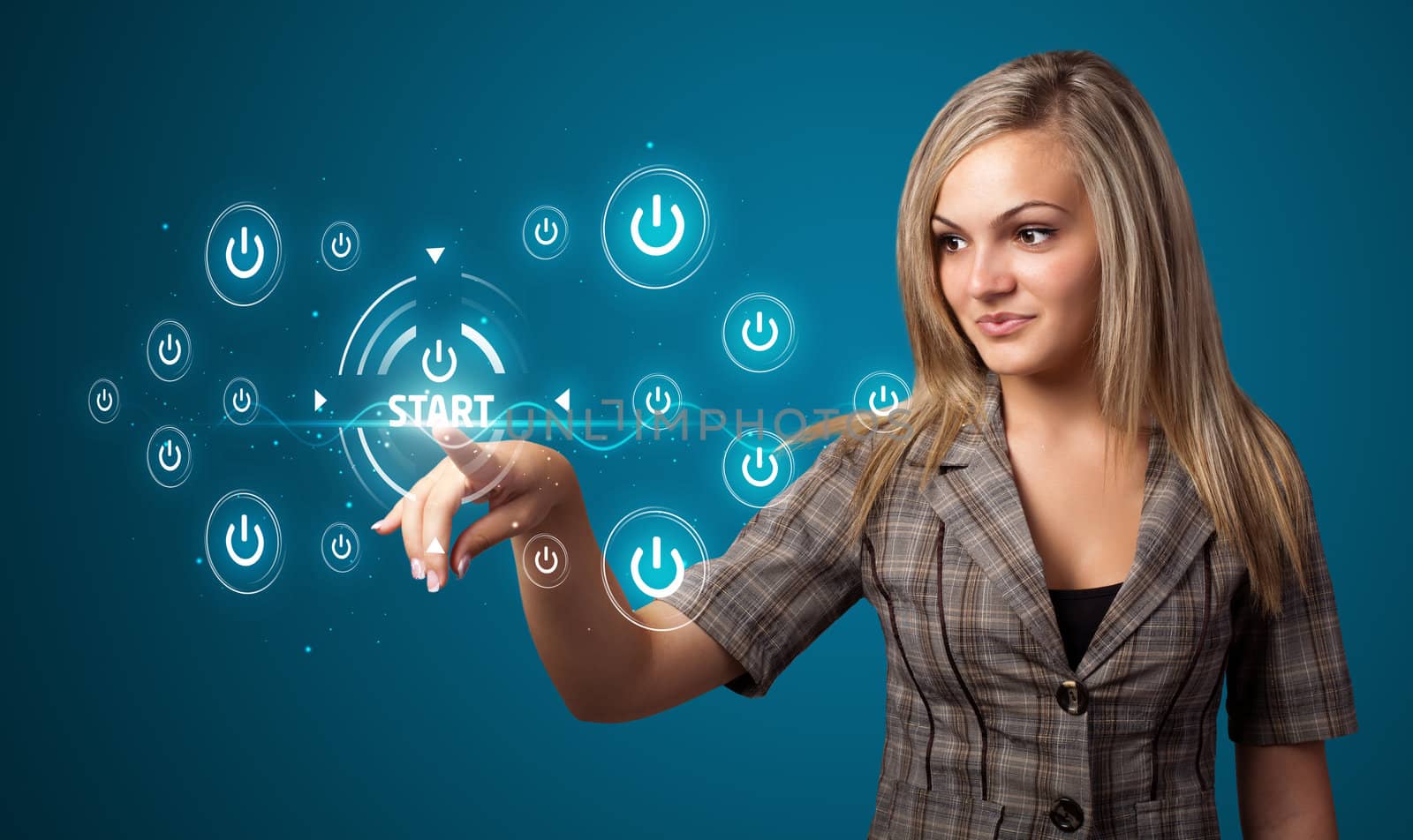 Businesswoman pressing simple start buttons on a virtual background