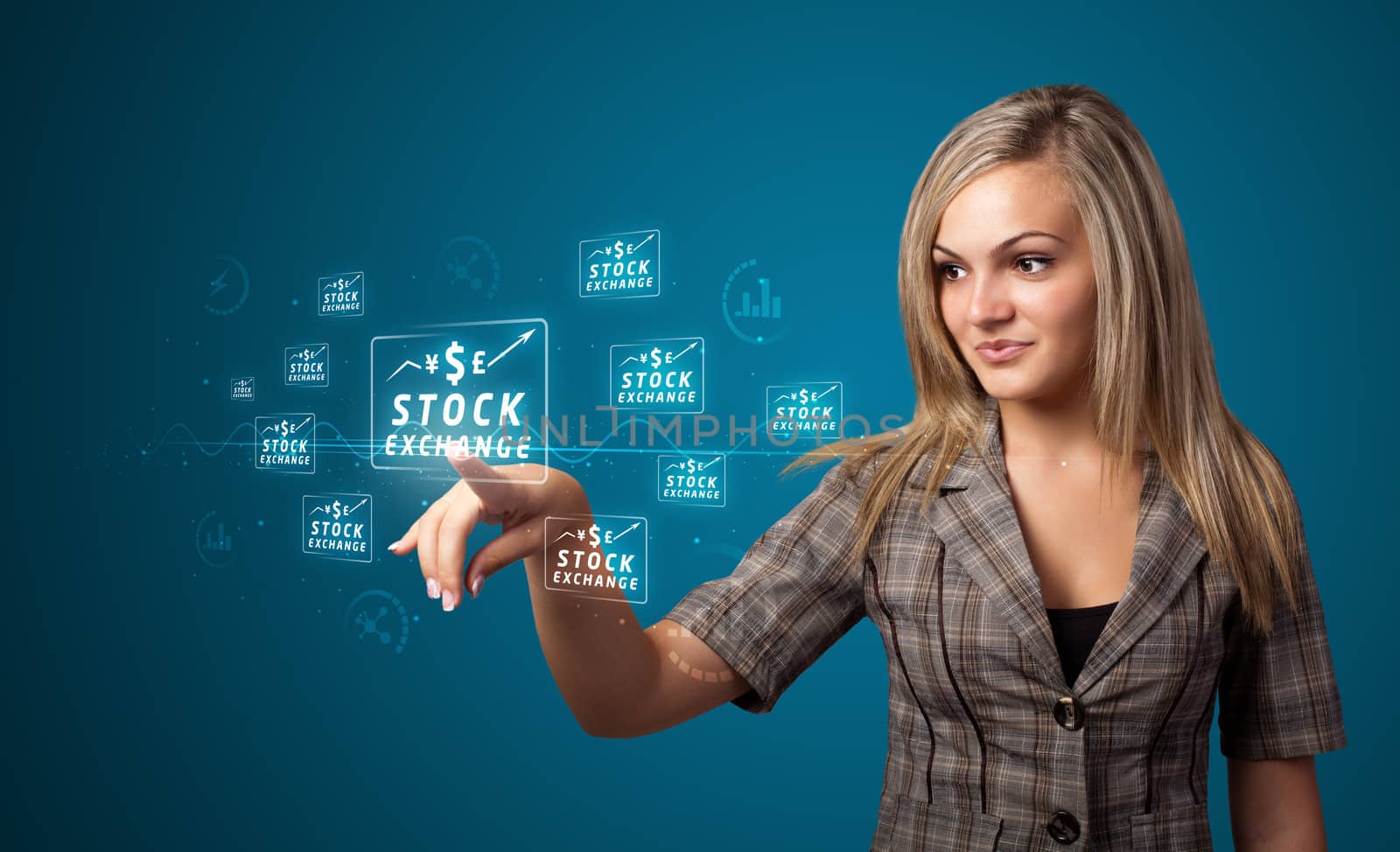 Businesswoman pressing business type of modern buttons with virtual background