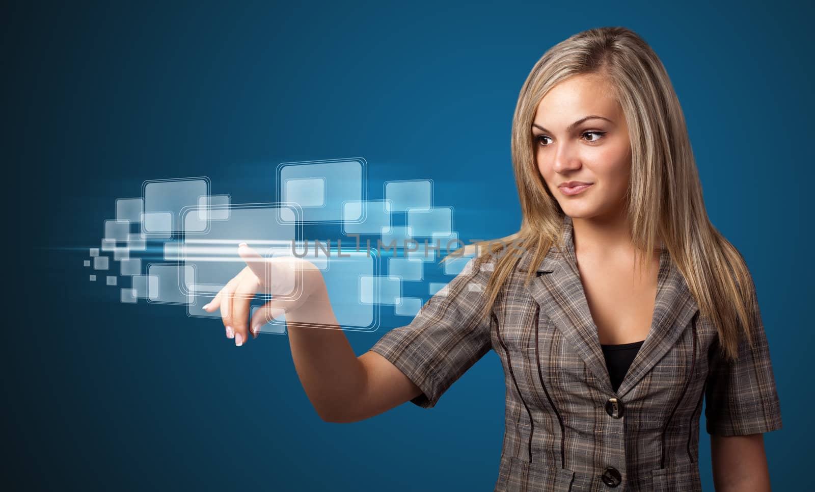 Businesswoman pressing high tech type of modern buttons on a virtual background