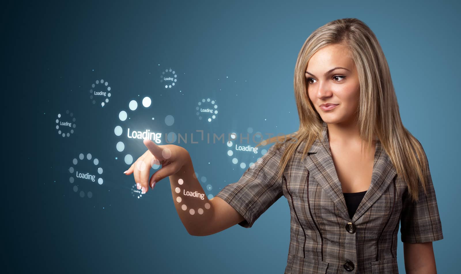 Businesswoman pressing simple start buttons on a virtual background