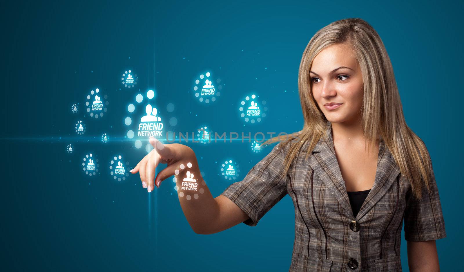 Businesswoman pressing modern social buttons on a virtual background