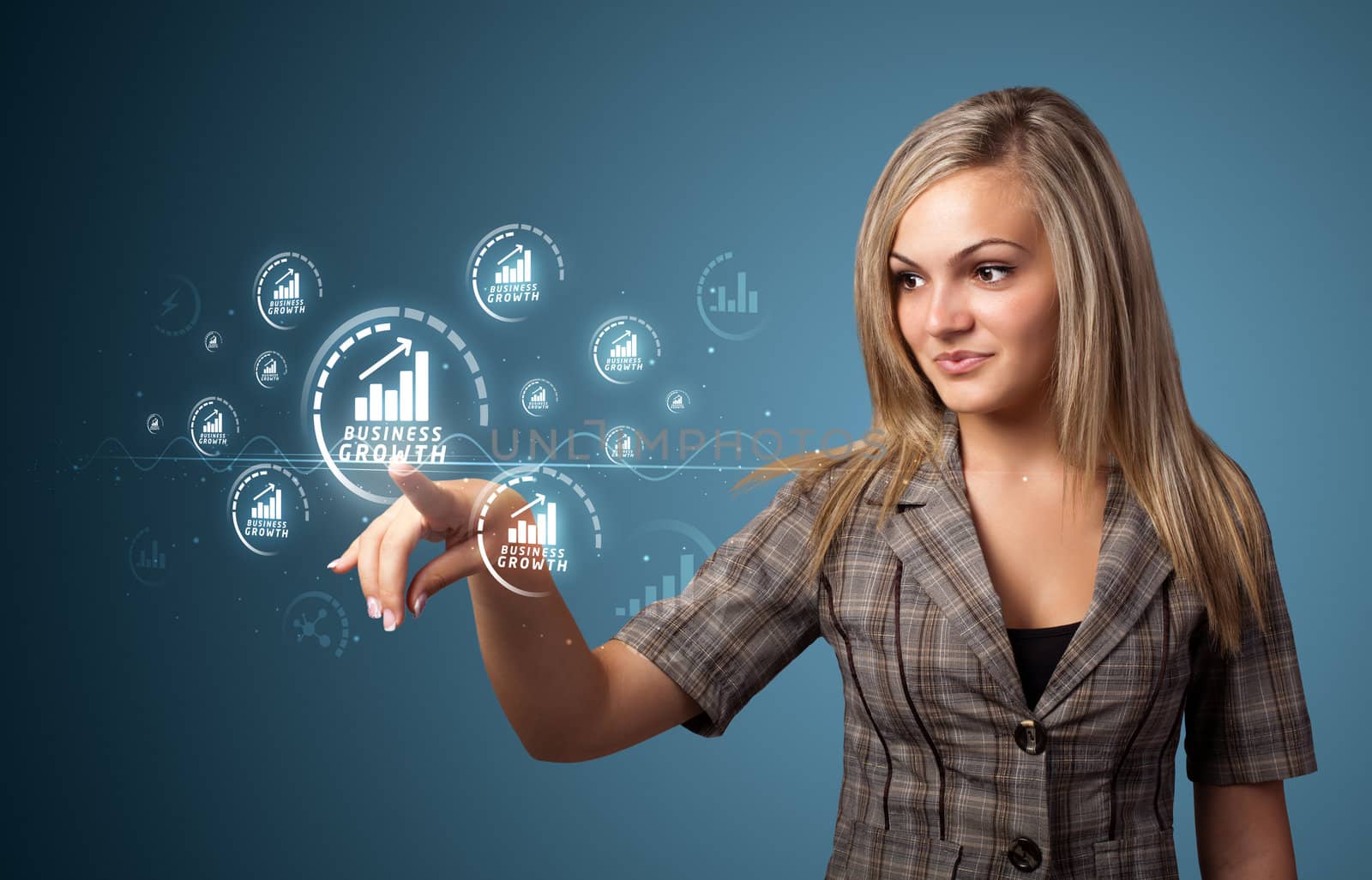 Businesswoman pressing business type of modern buttons with virtual background