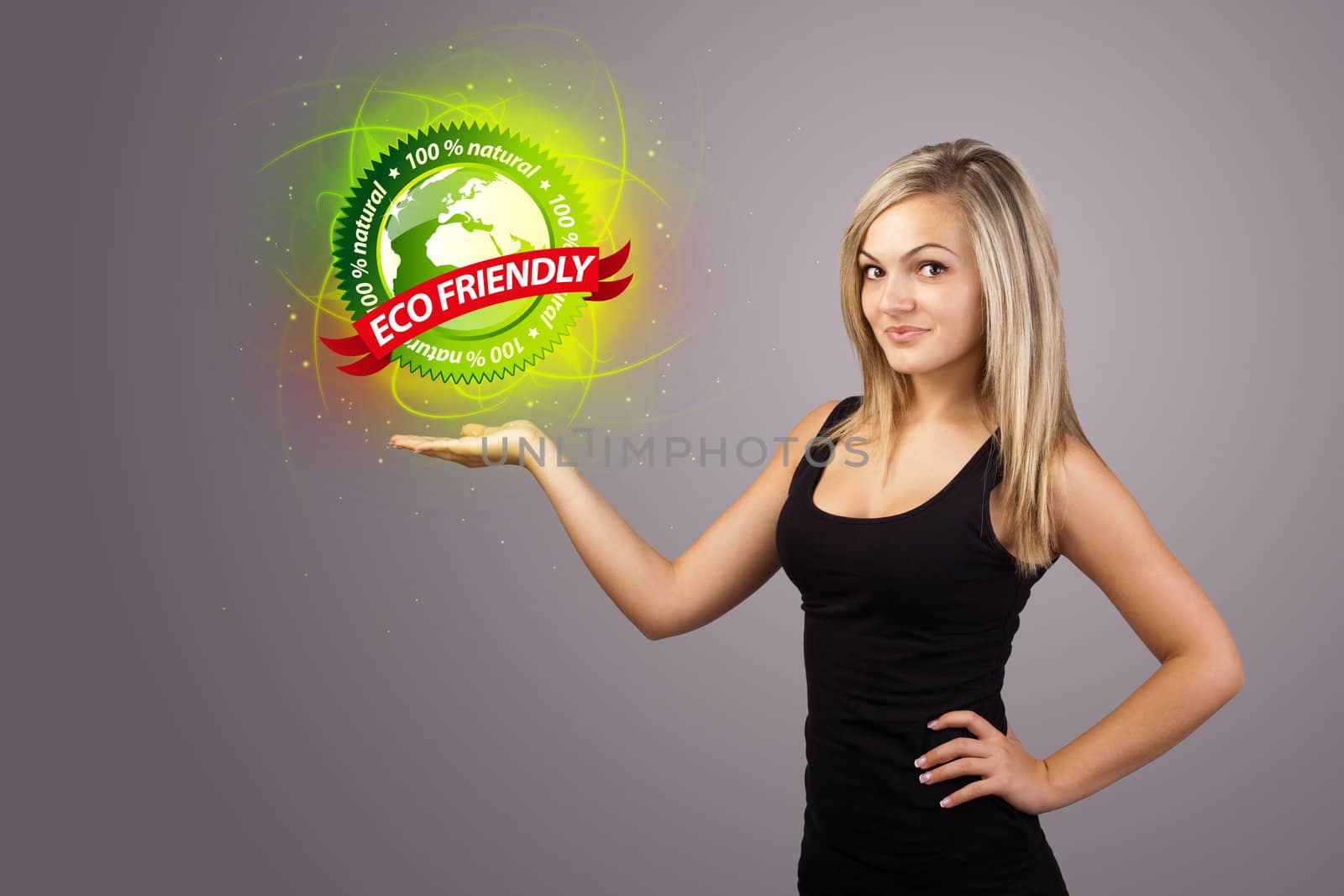 Young woman holding virtual eco sign