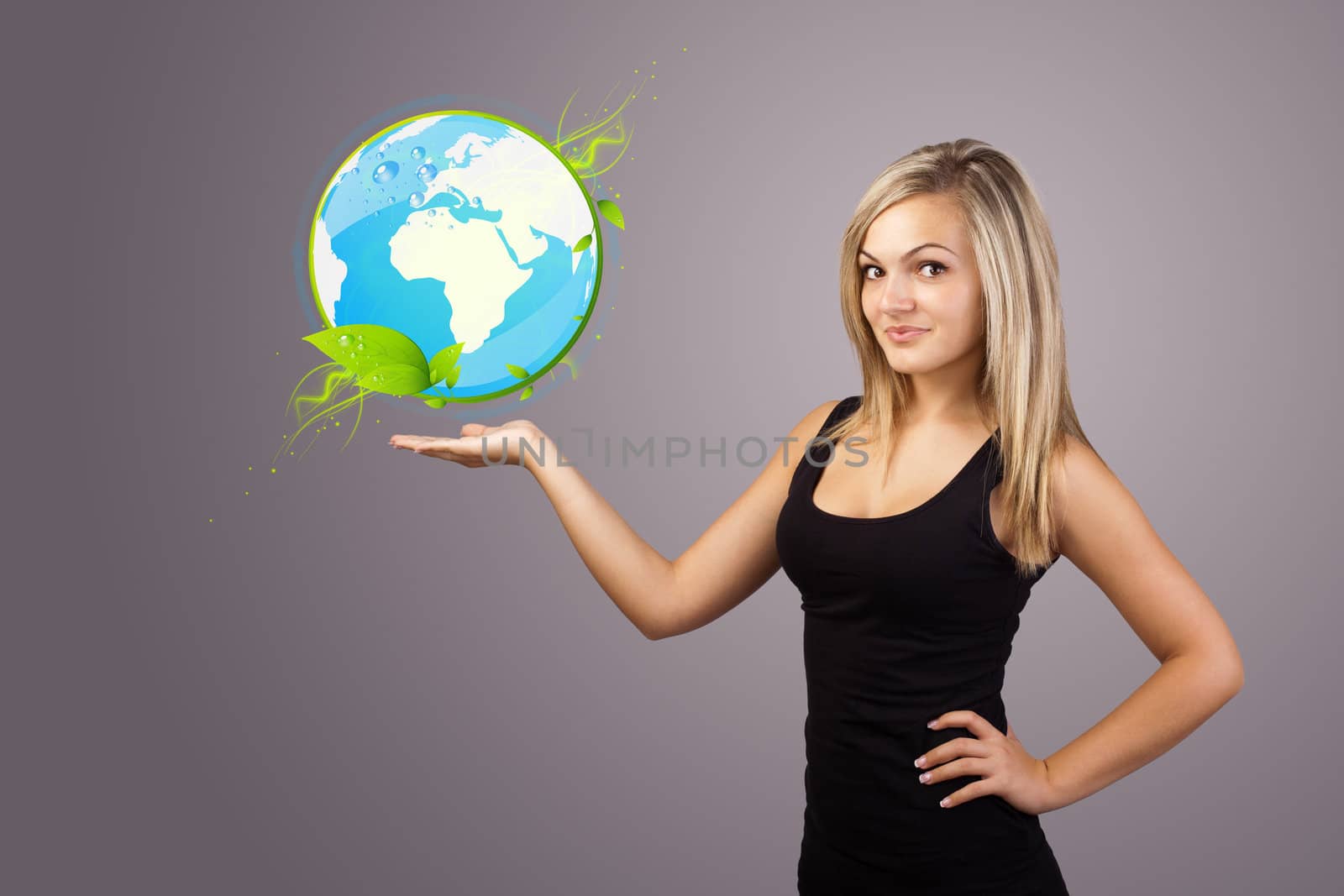 Young woman holding virtual eco sign