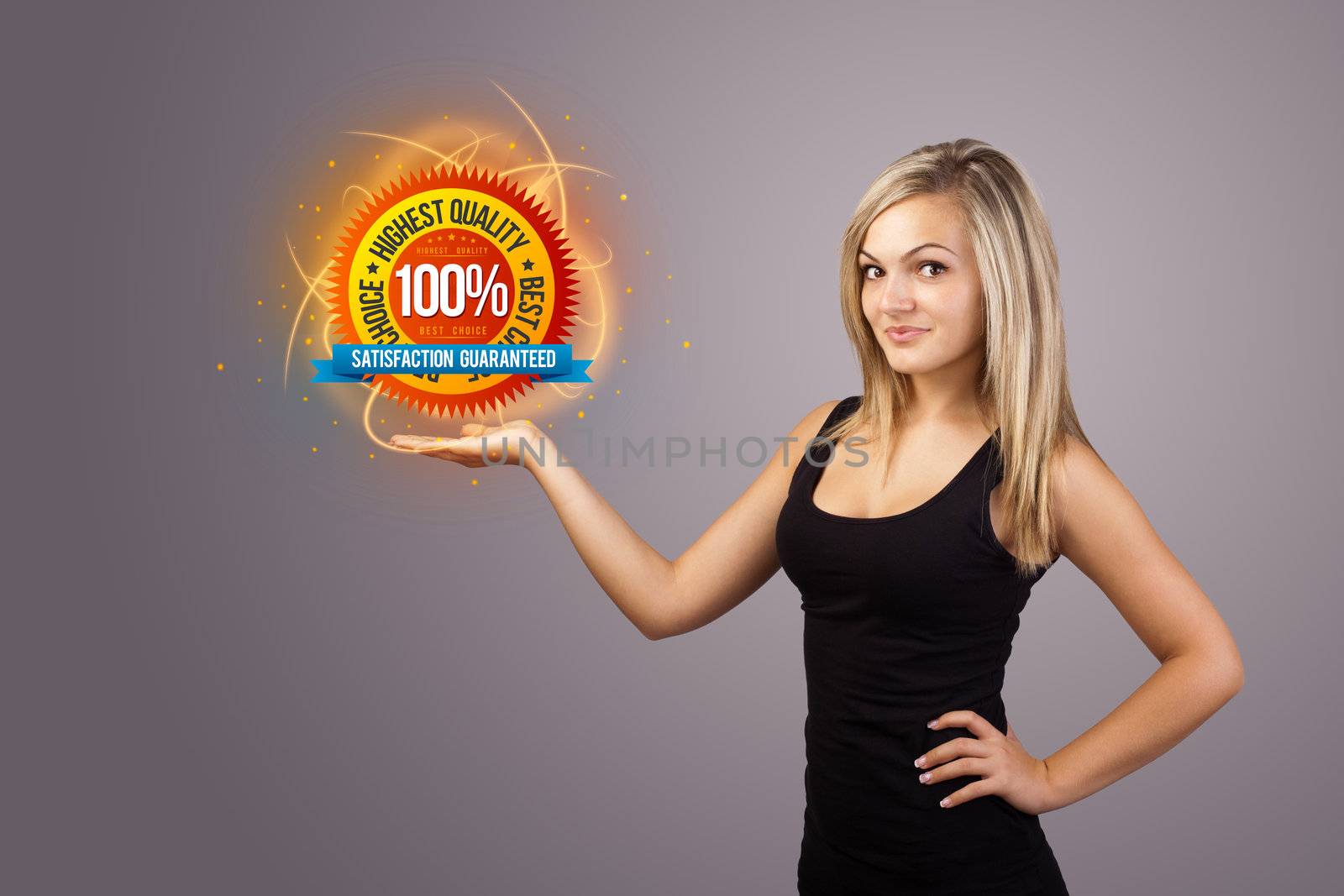 Young woman holding virtual business sign