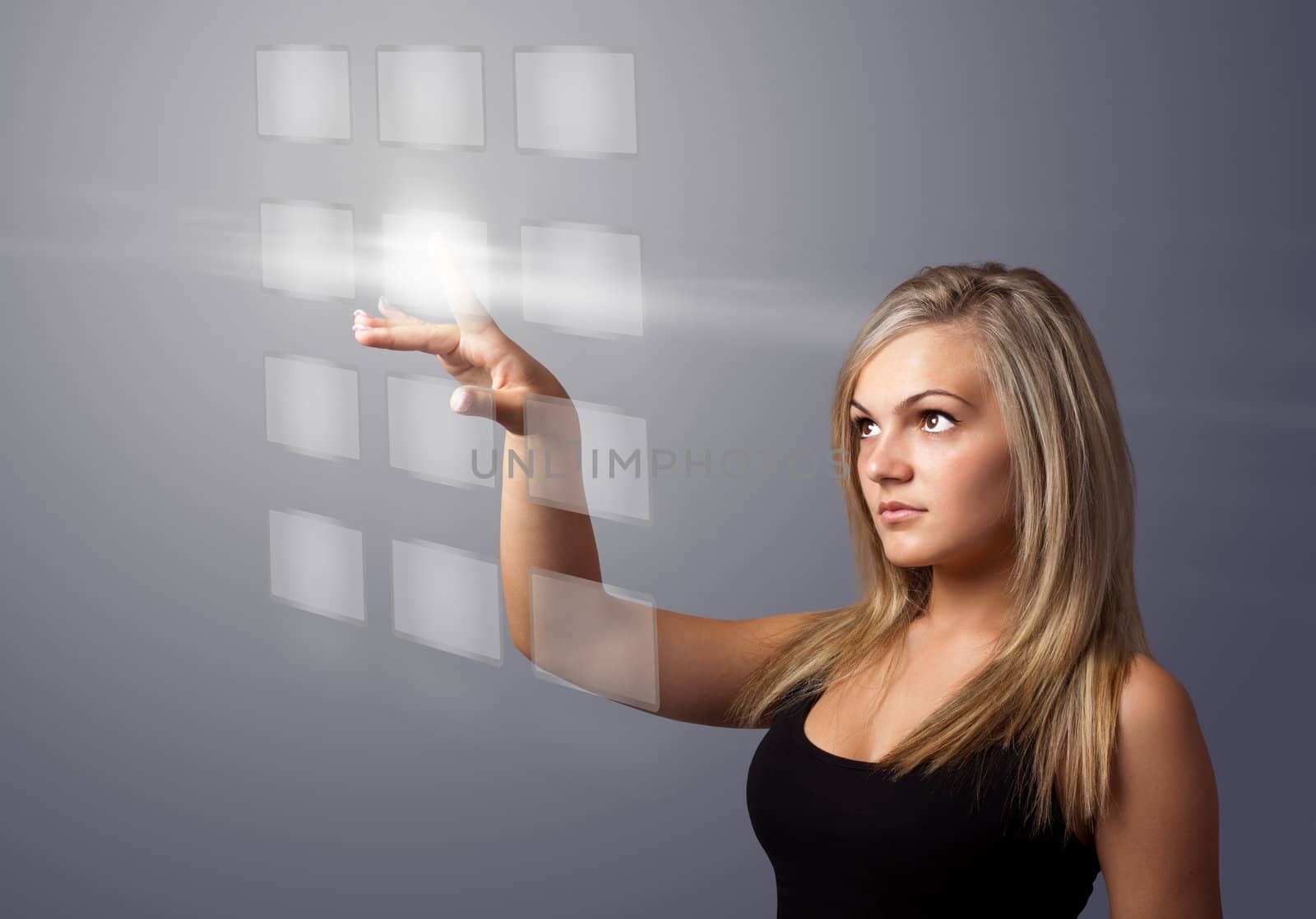 woman hand pressing digital buttons, futuristic technology