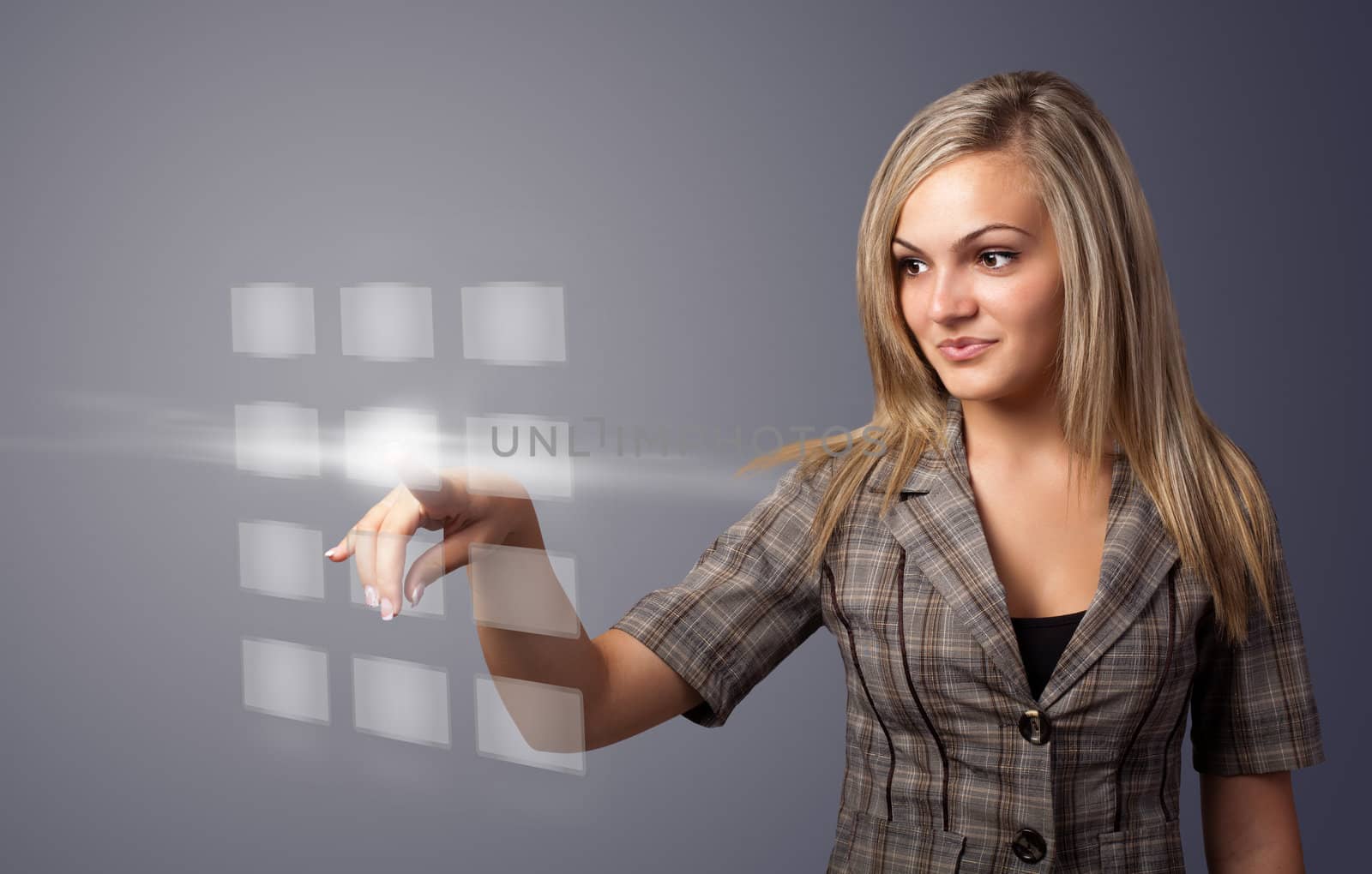 woman hand pressing digital buttons, futuristic technology