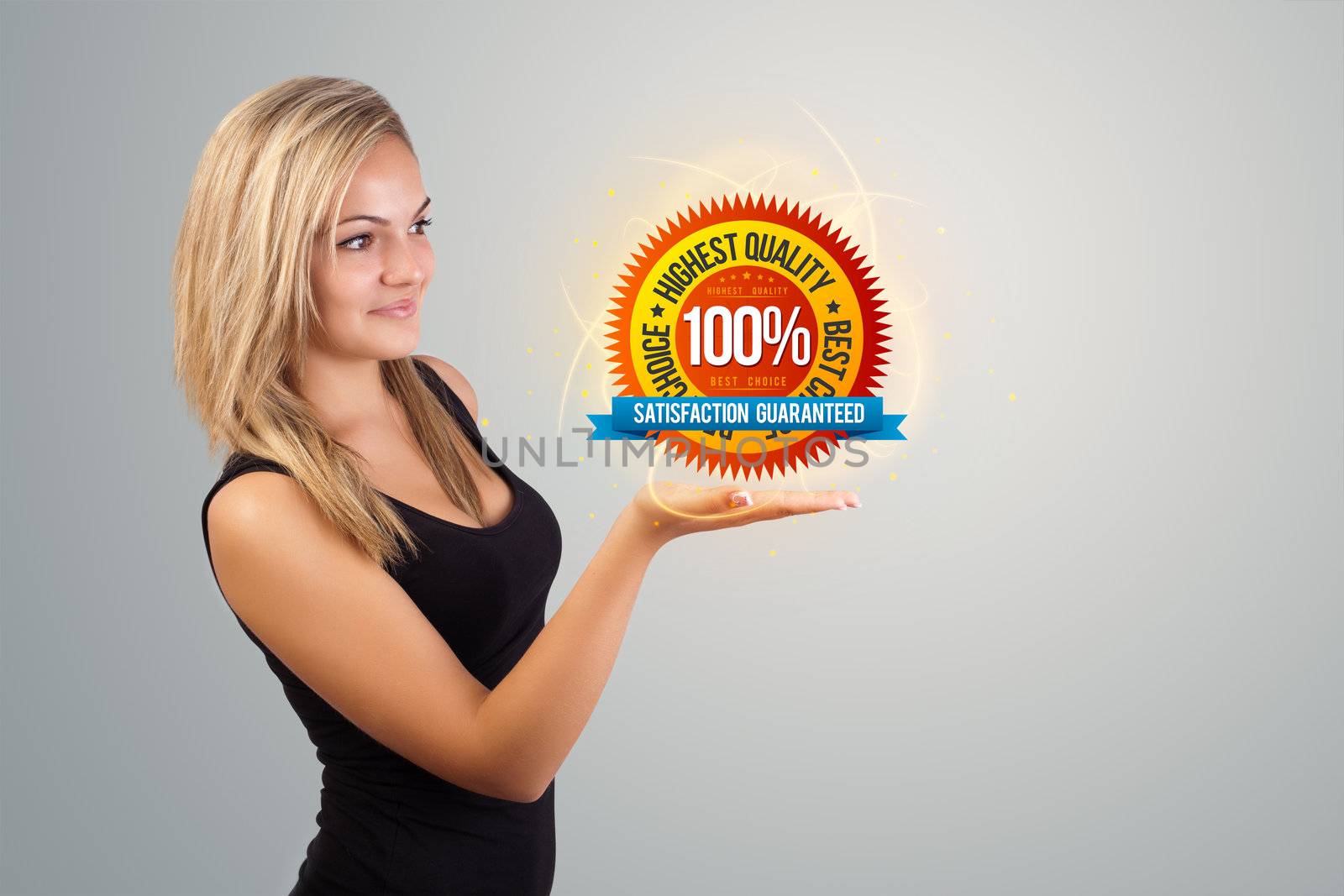 Young woman holding virtual business sign