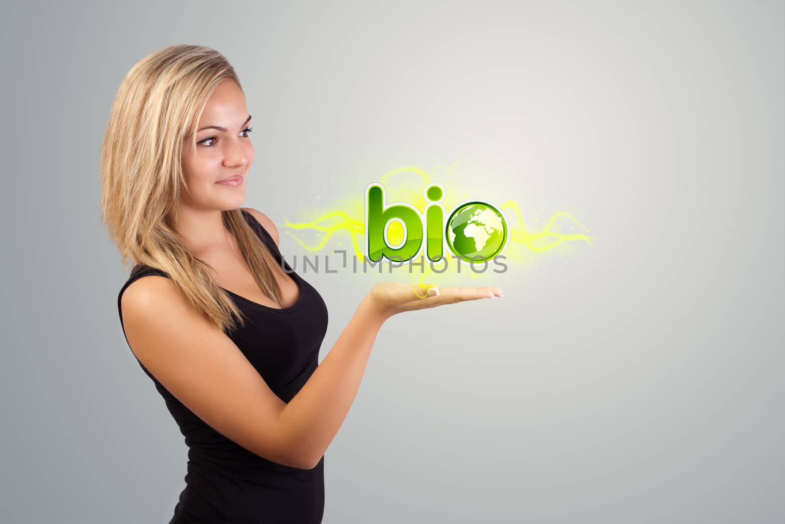 Young woman holding virtual eco sign