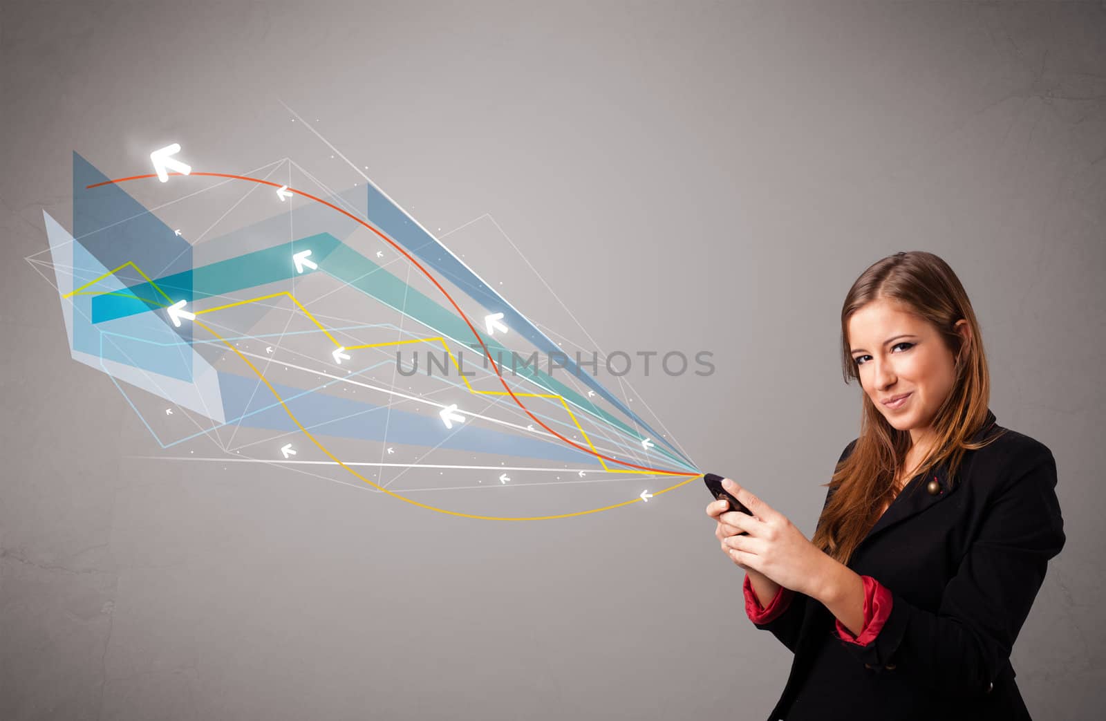 pretty young lady holding a phone with colorful abstract lines a by ra2studio