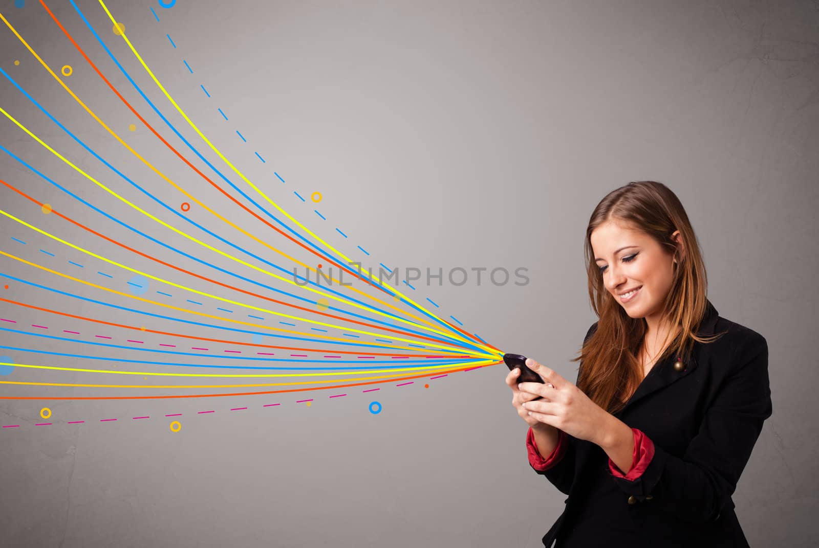 Happy young girl holding a phone with colorful abstract lines