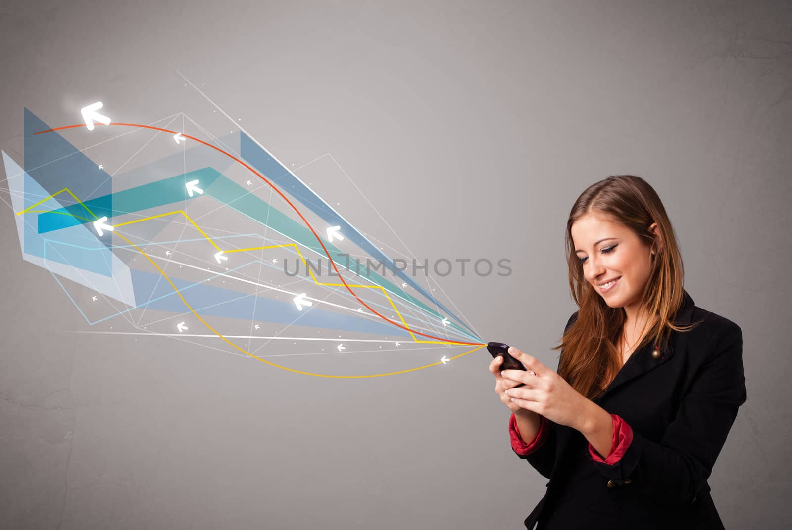 pretty young lady holding a phone with colorful abstract lines a by ra2studio