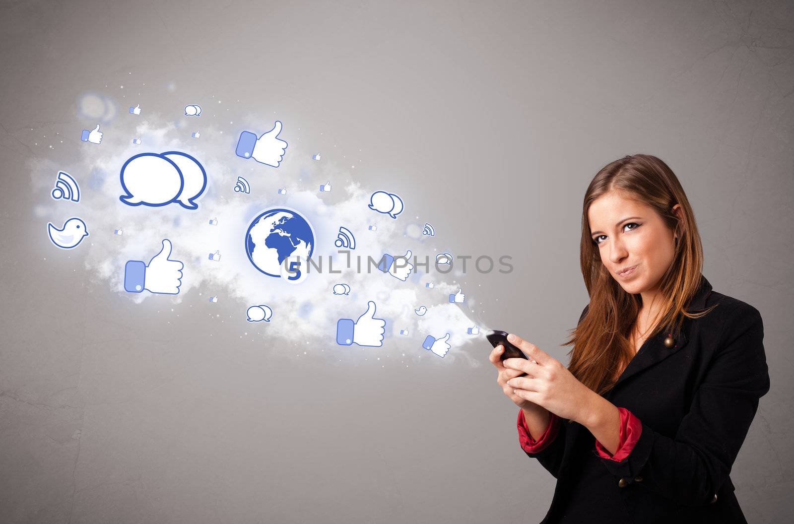 Pretty young girl holding a phone with social media icons by ra2studio