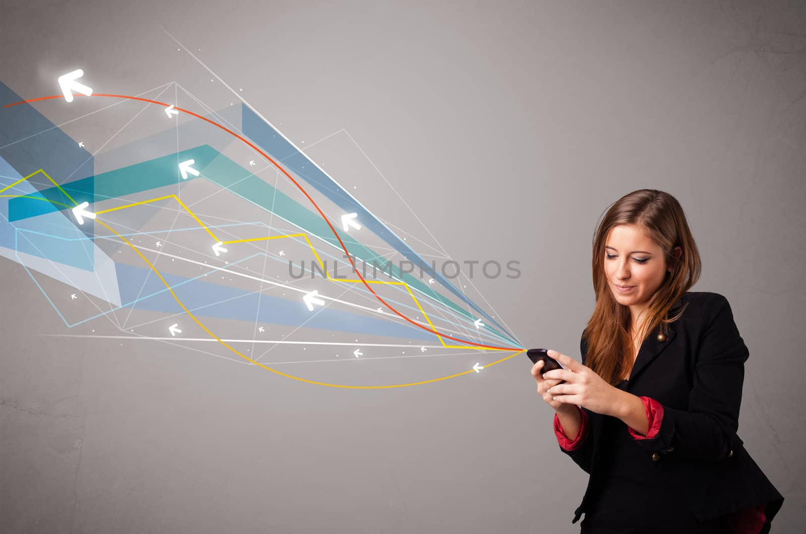 pretty young lady holding a phone with colorful abstract lines a by ra2studio