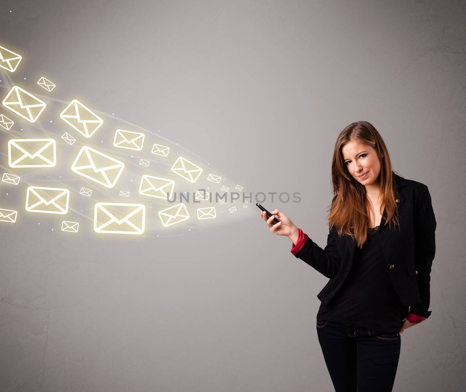 attractive young lady holding a phone with message icons by ra2studio