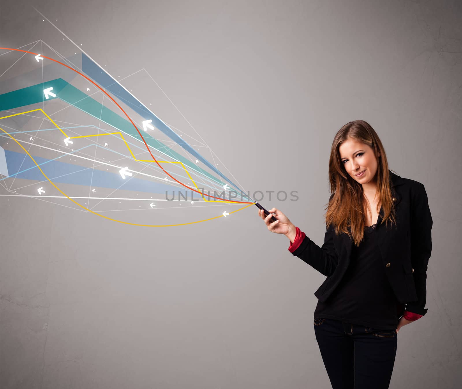 pretty young lady standing and holding a phone with colorful abstract lines and arrows