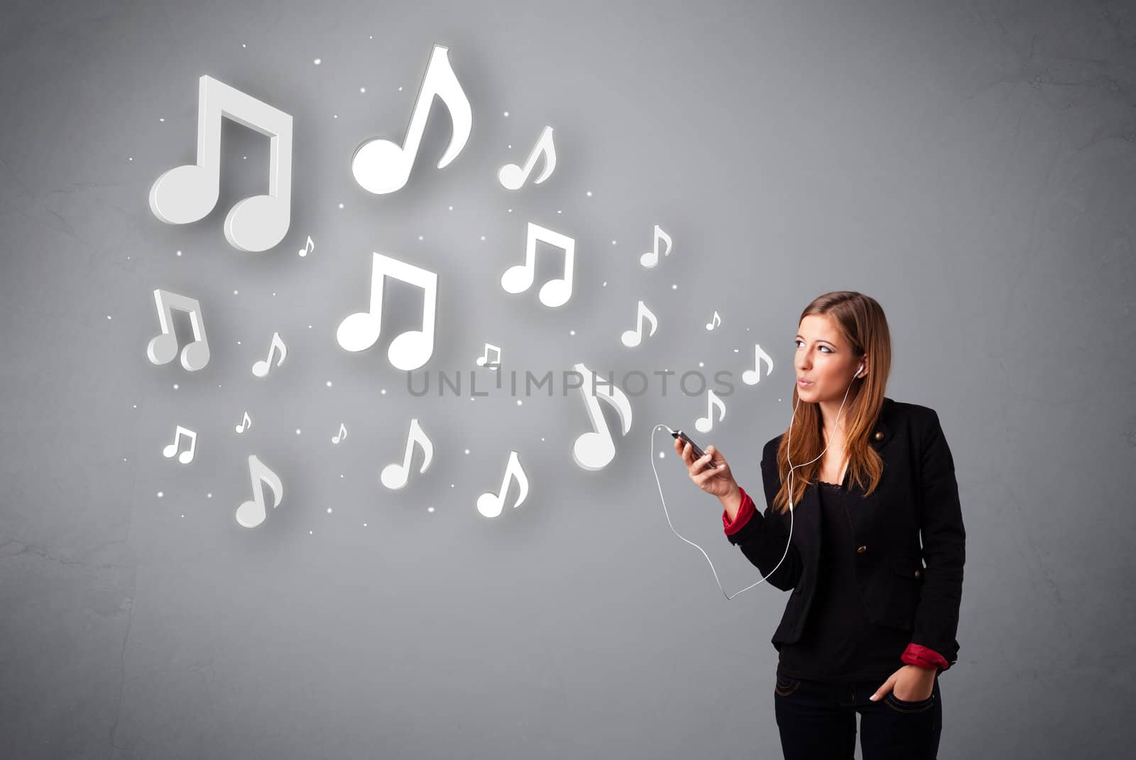 Pretty young woman singing and listening to music with musical notes getting out of her mouth