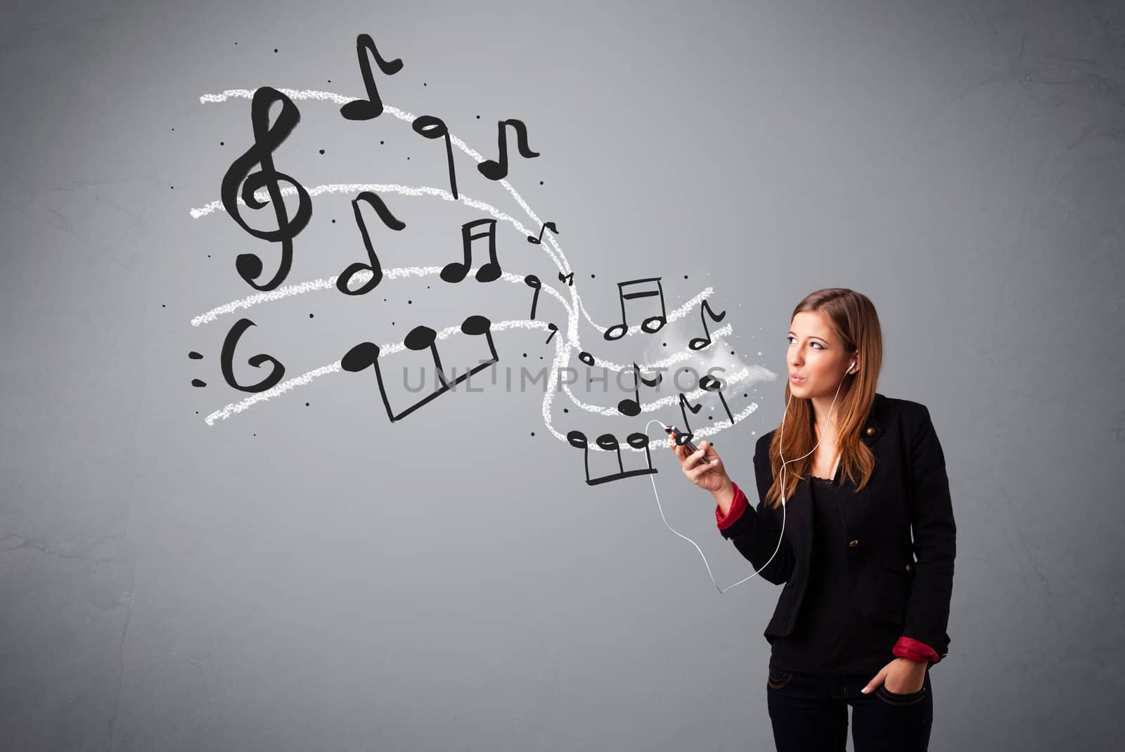 attractive young lady singing and listening to music with musical notes getting out of her mouth