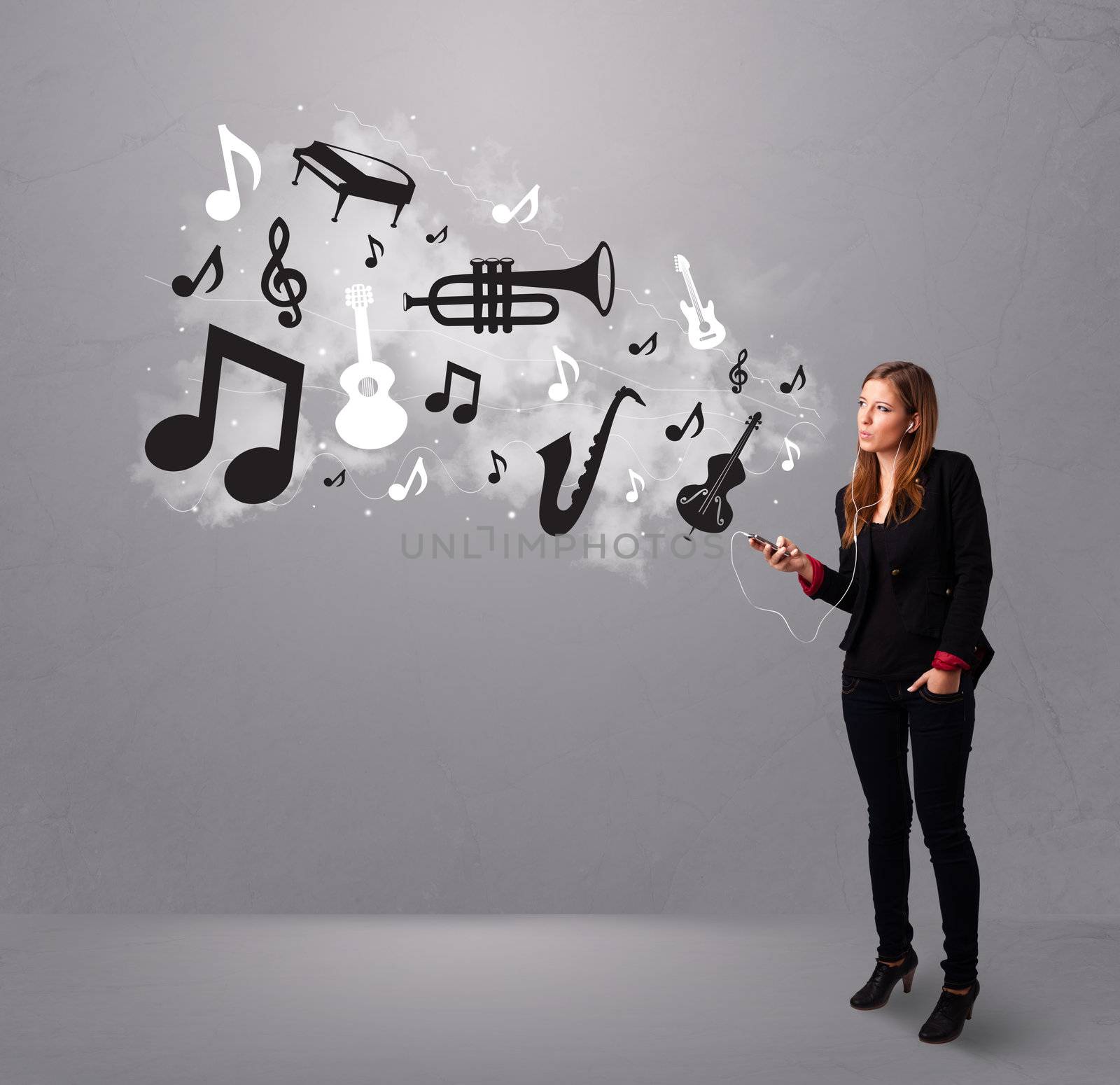 Beautiful young woman singing and listening to music with musical notes and instruments getting out of her mouth