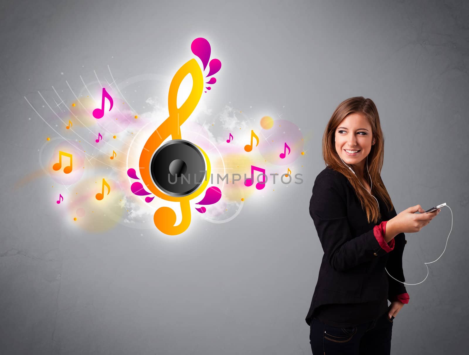 pretty girl singing and listening to music with musical notes by ra2studio