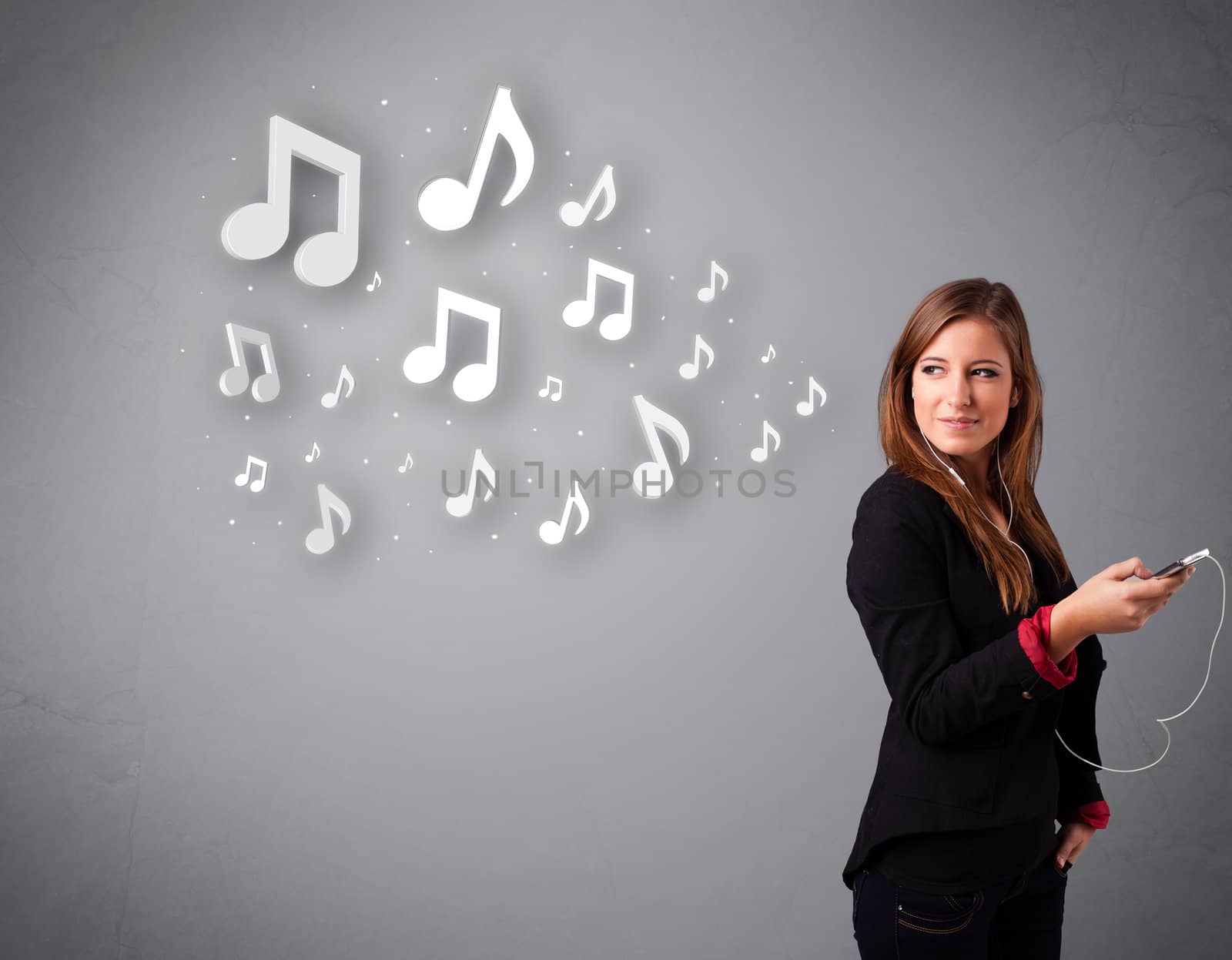 Pretty young woman singing and listening to music with musical notes getting out of her mouth