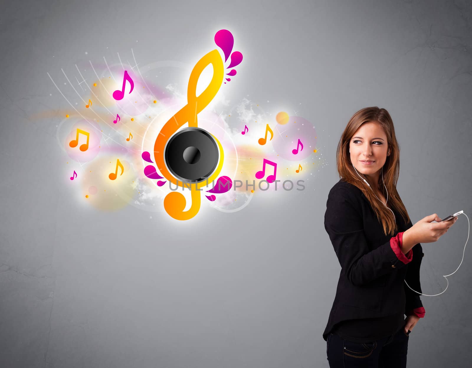 pretty girl singing and listening to music with musical notes by ra2studio