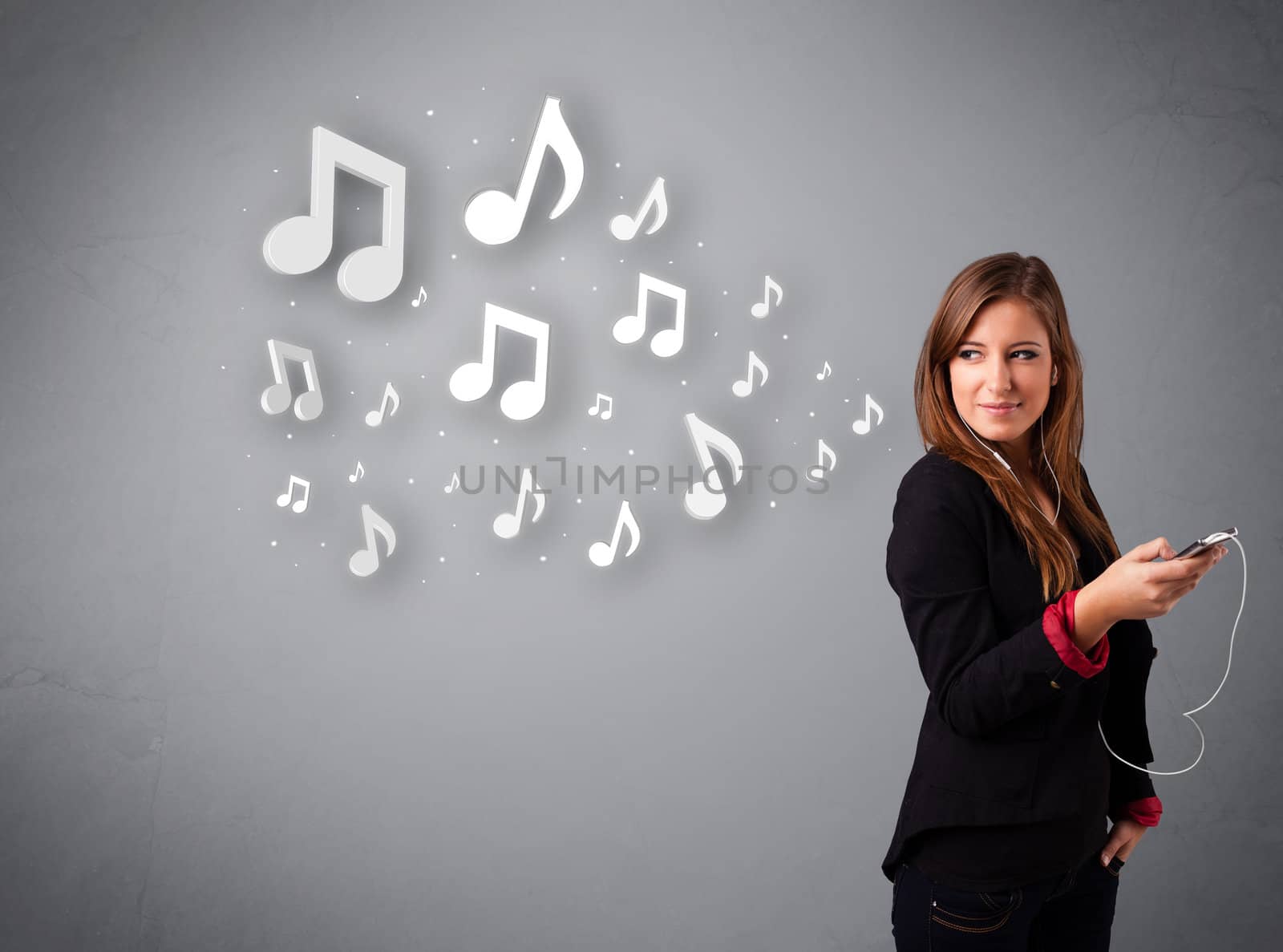 Pretty young woman singing and listening to music with musical notes getting out of her mouth