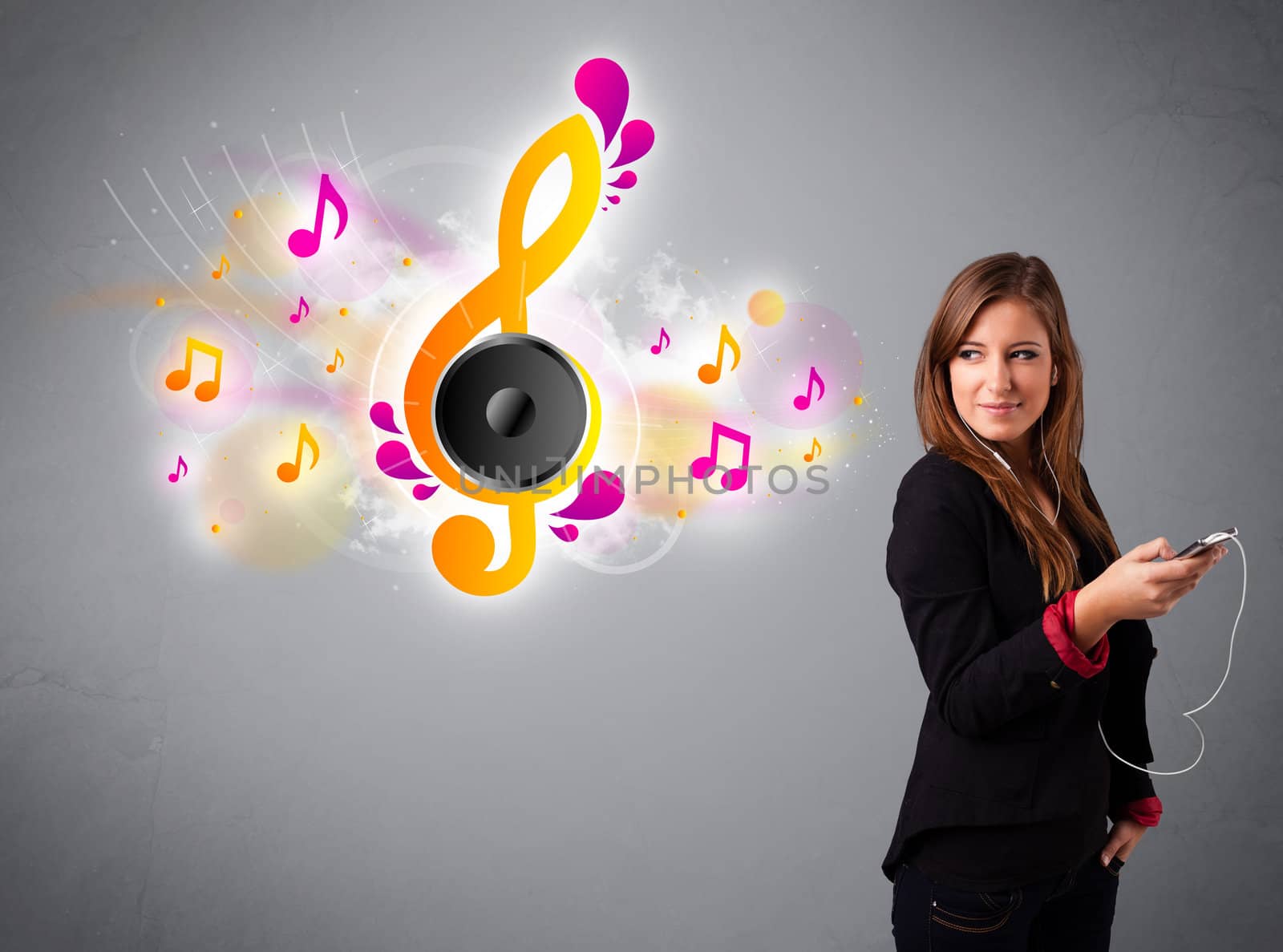 pretty girl singing and listening to music with musical notes by ra2studio