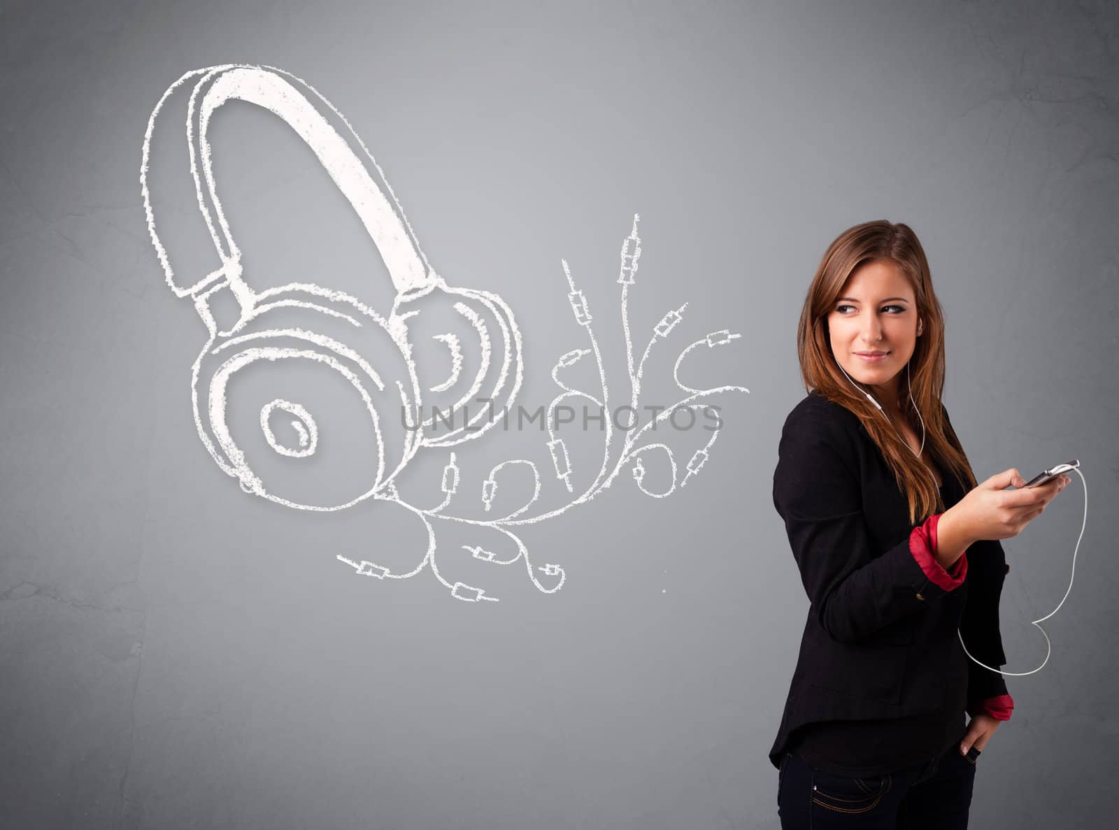 young woman singing and listening to music with abstract headphone getting out of her mouth