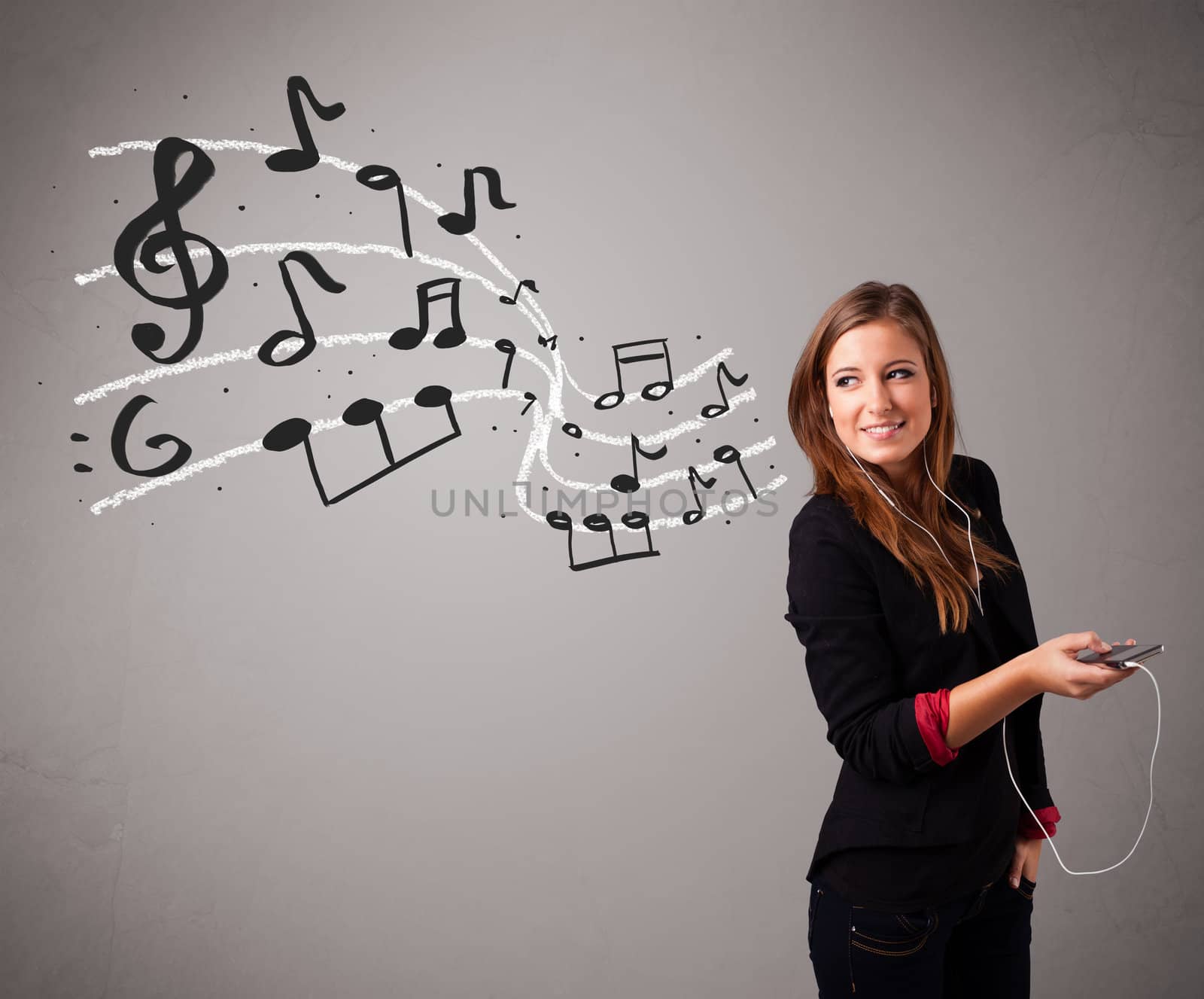 attractive young lady singing and listening to music with musica by ra2studio