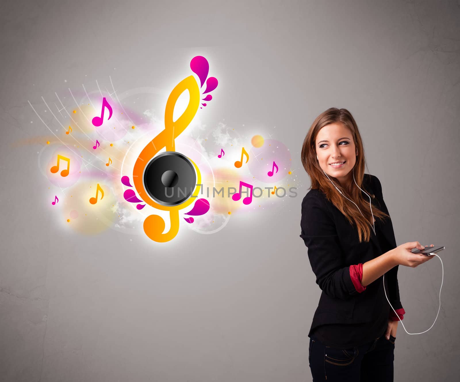 pretty girl singing and listening to music with musical notes by ra2studio