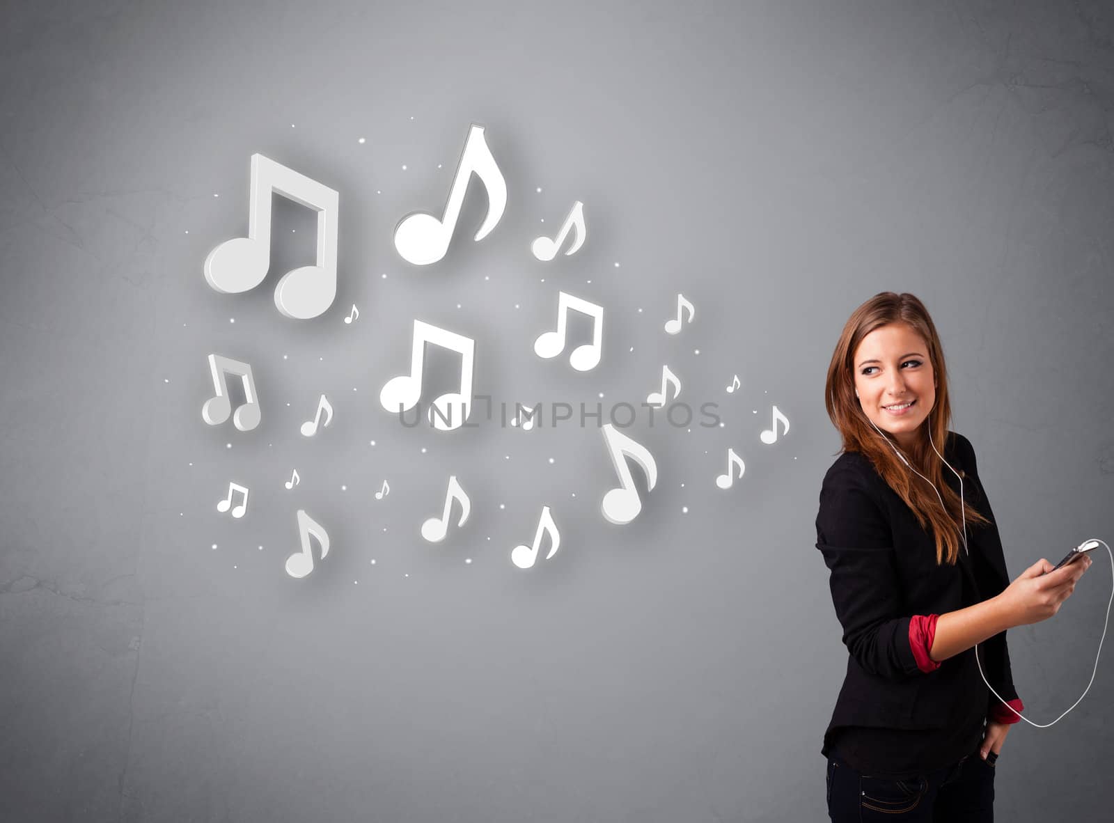 Pretty young woman singing and listening to music with musical notes getting out of her mouth