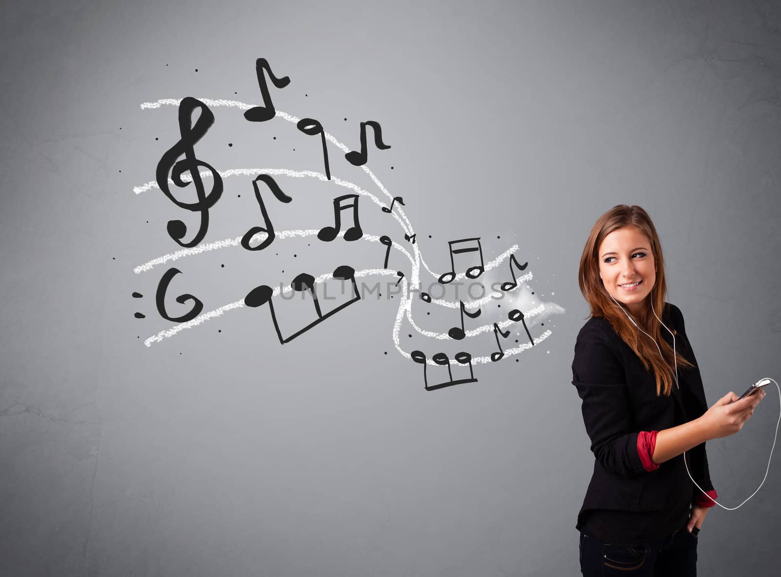 attractive young lady singing and listening to music with musical notes getting out of her mouth