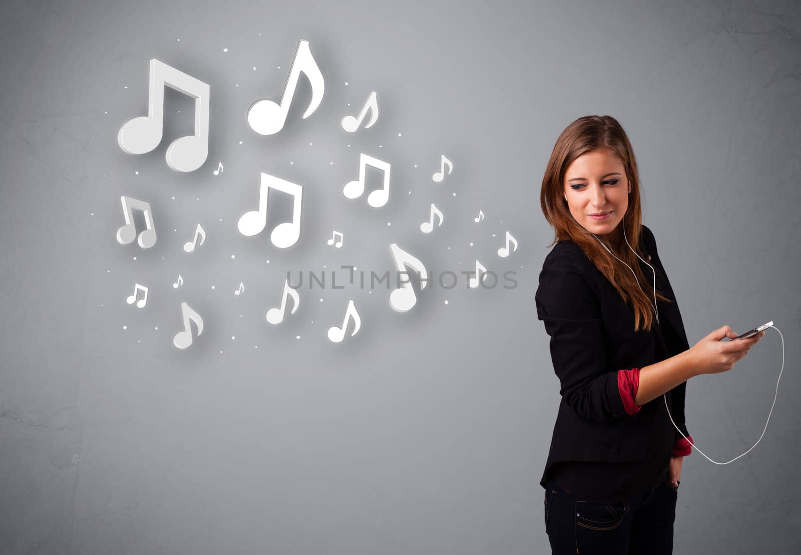 Pretty young woman singing and listening to music with musical notes getting out of her mouth