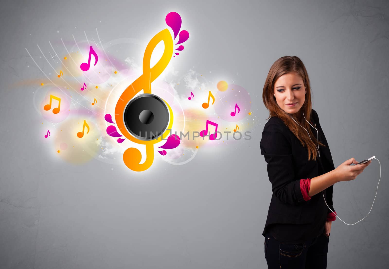 pretty girl singing and listening to music with musical notes by ra2studio